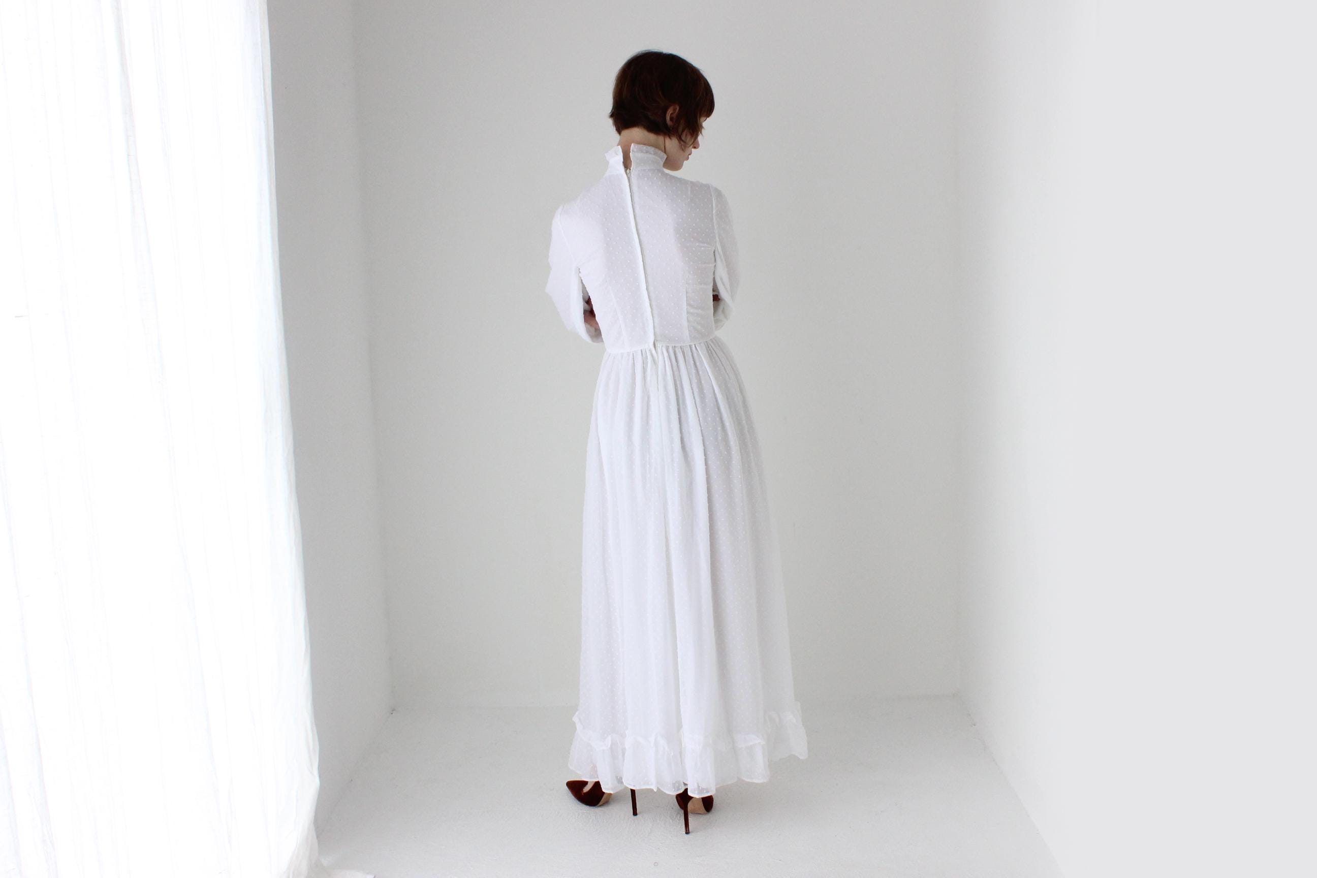 Romantic 1970s White Cotton Long Sleeve Prairie Wedding Dress