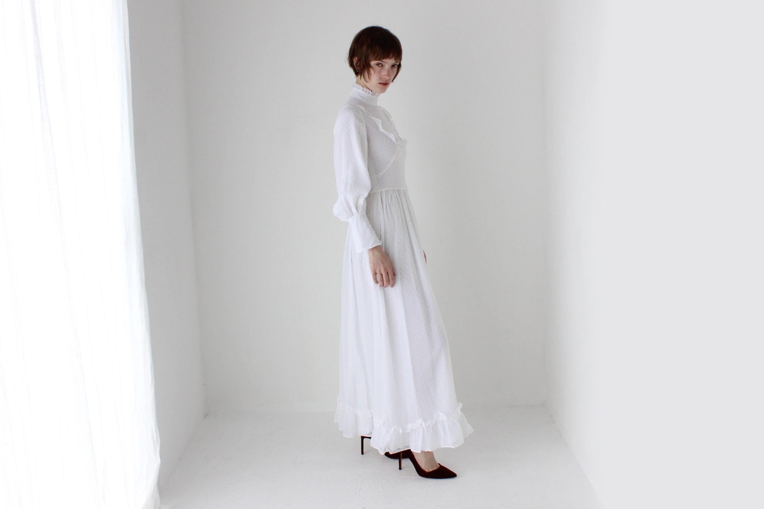 Romantic 1970s White Cotton Long Sleeve Prairie Wedding Dress