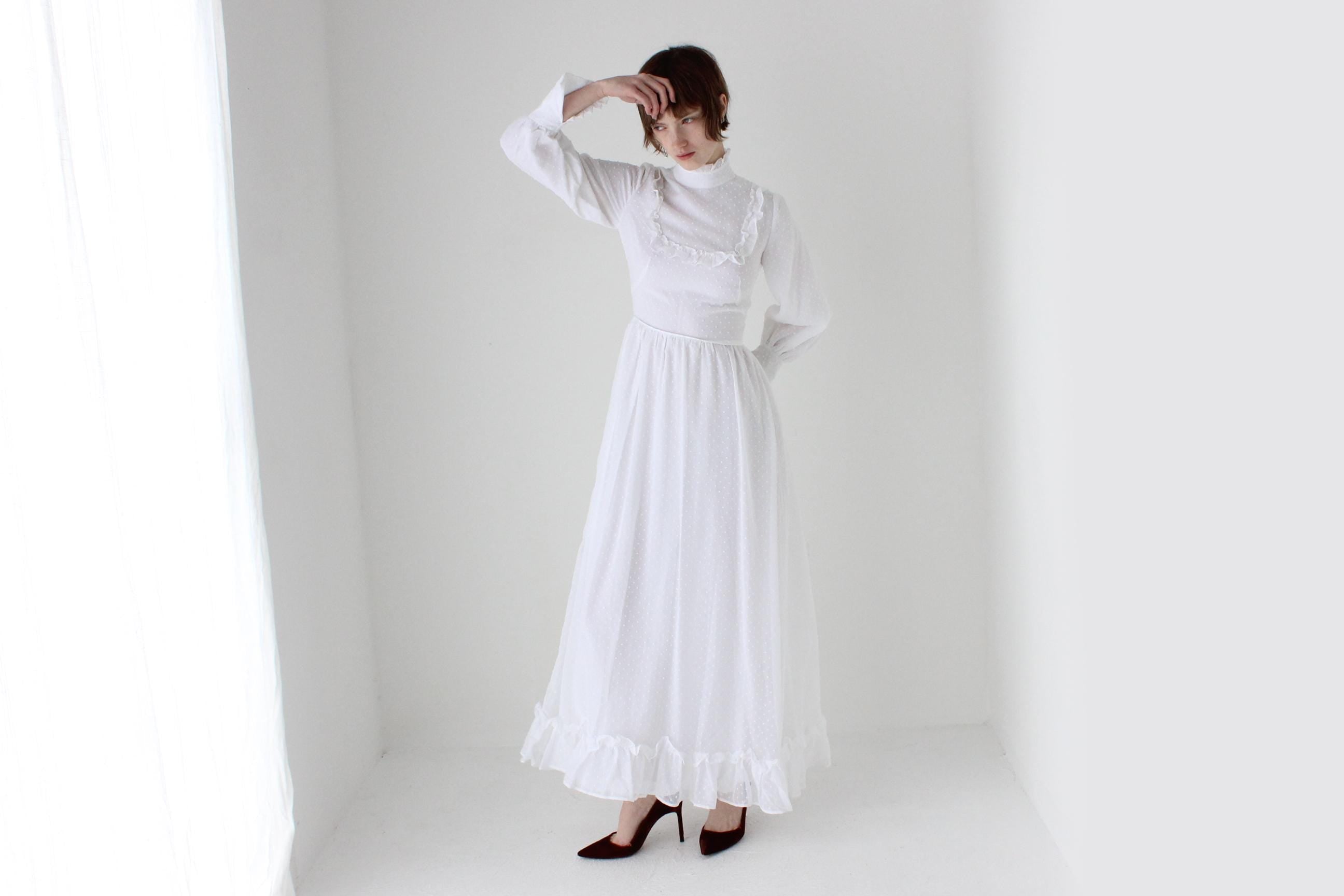 Romantic 1970s White Cotton Long Sleeve Prairie Wedding Dress