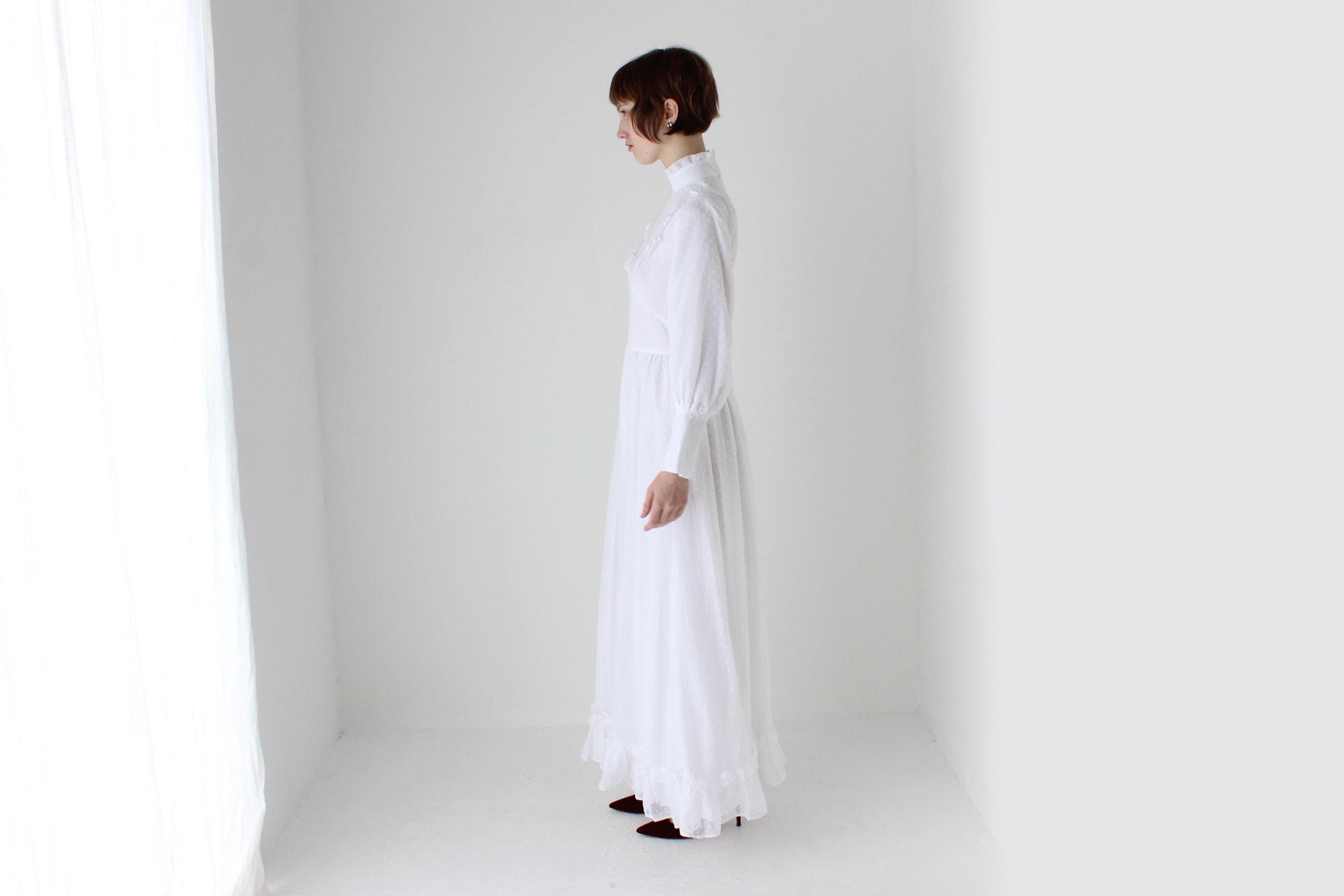 Romantic 1970s White Cotton Long Sleeve Prairie Wedding Dress