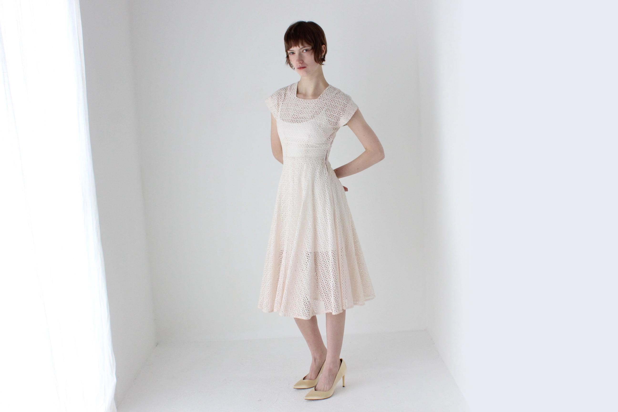 1950s Blush Pink Cotton Eyelet Dress