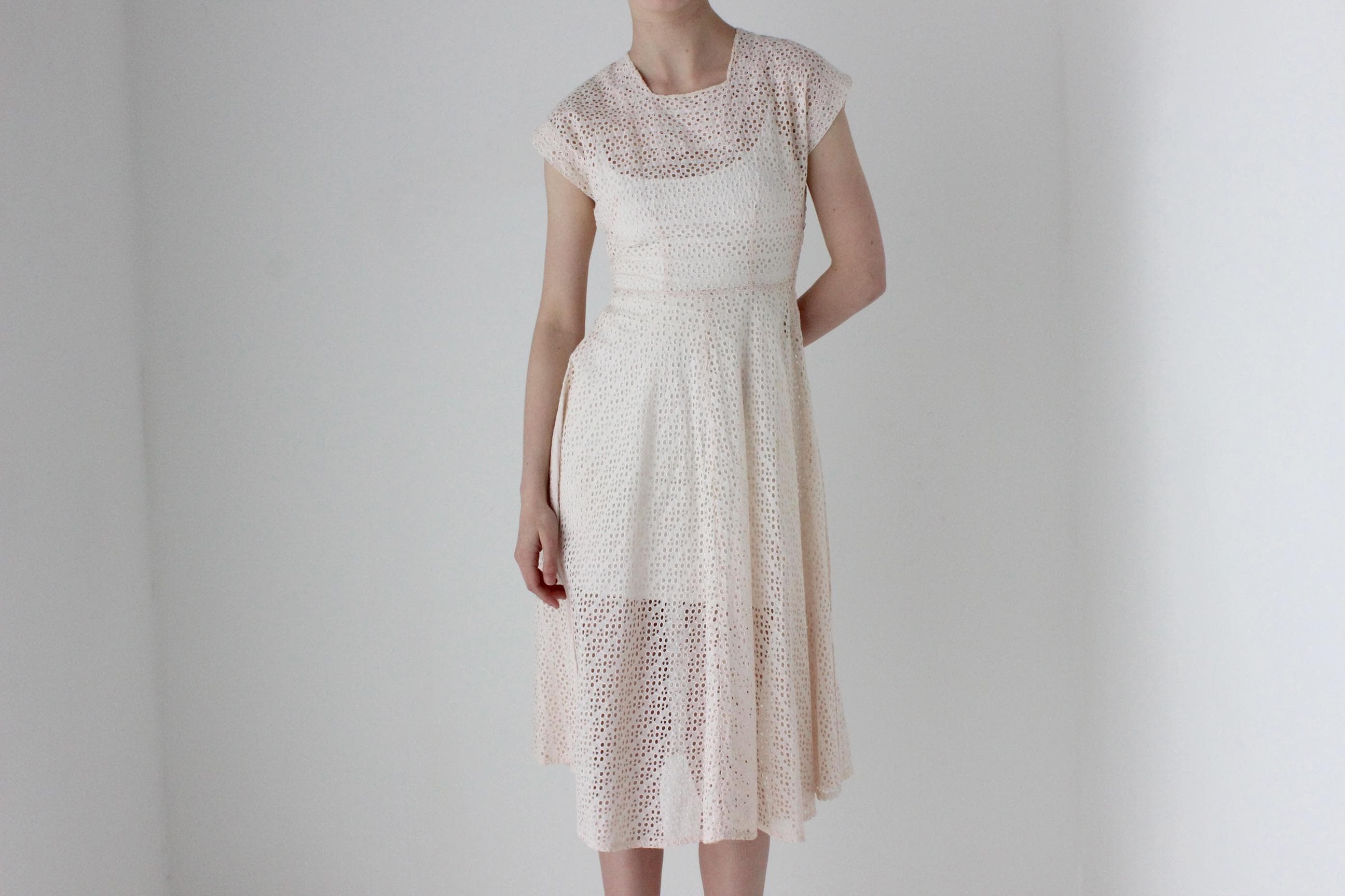 1950s Blush Pink Cotton Eyelet Dress