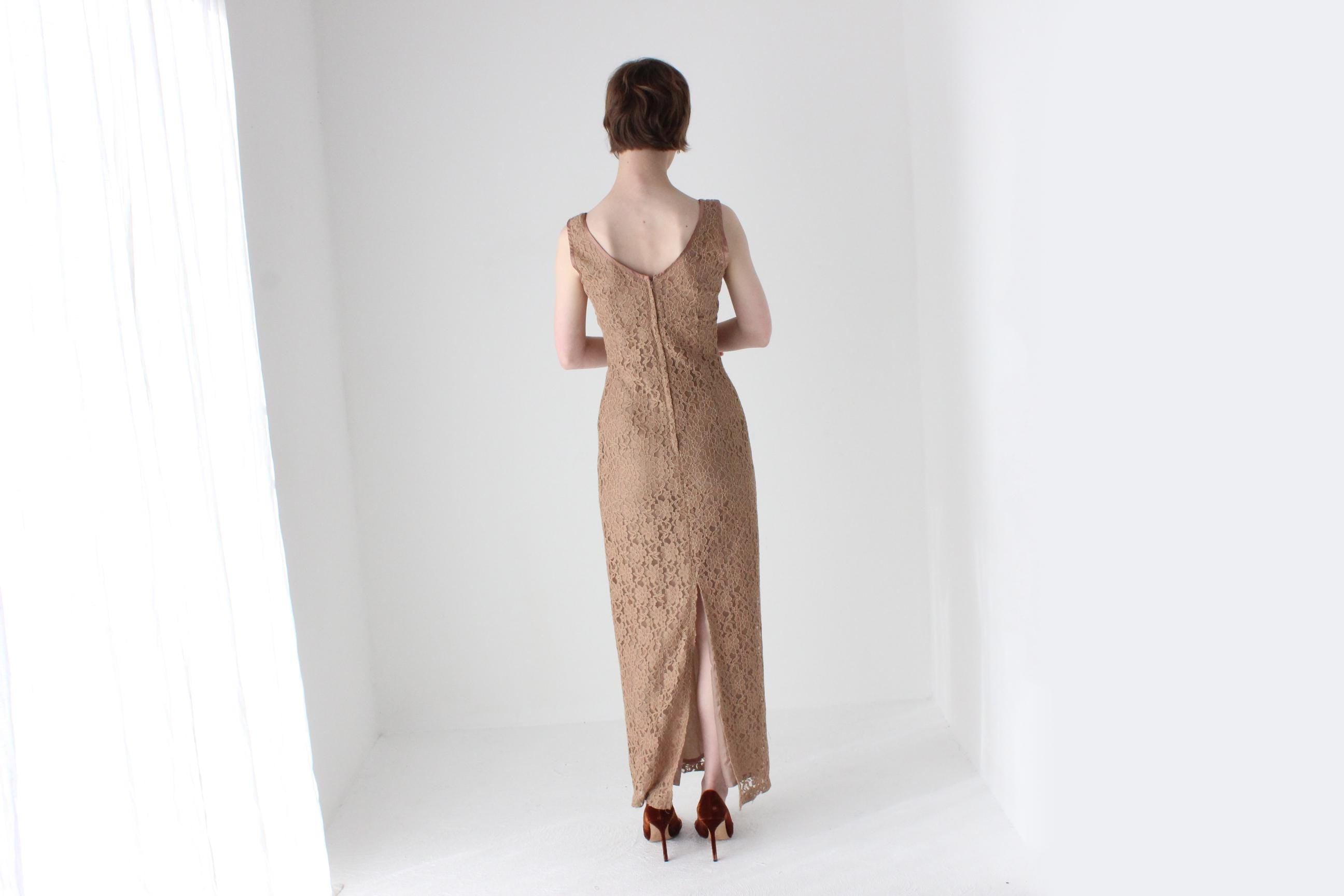 90s Caramel Lace Fitted Hourglass Dress