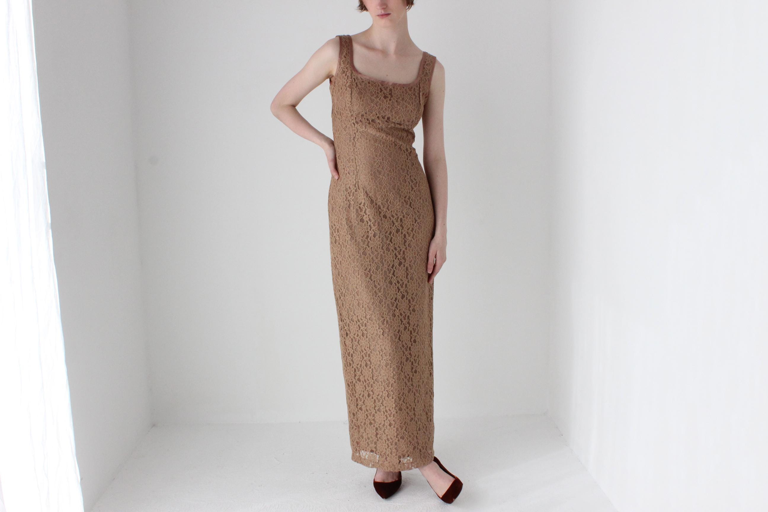 90s Caramel Lace Fitted Hourglass Dress