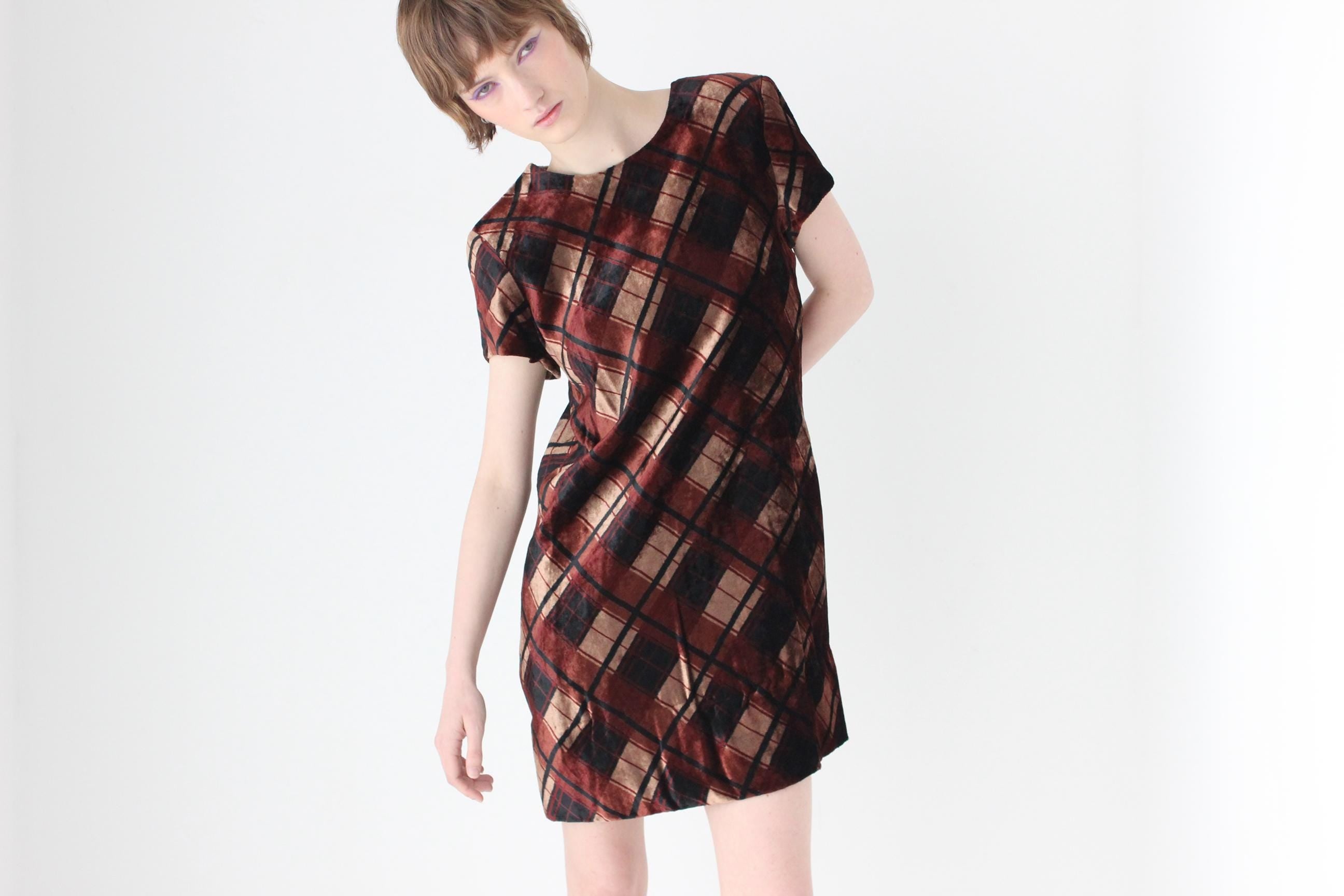 90s Chocolate Tartan Velvet Tee Mini Dress