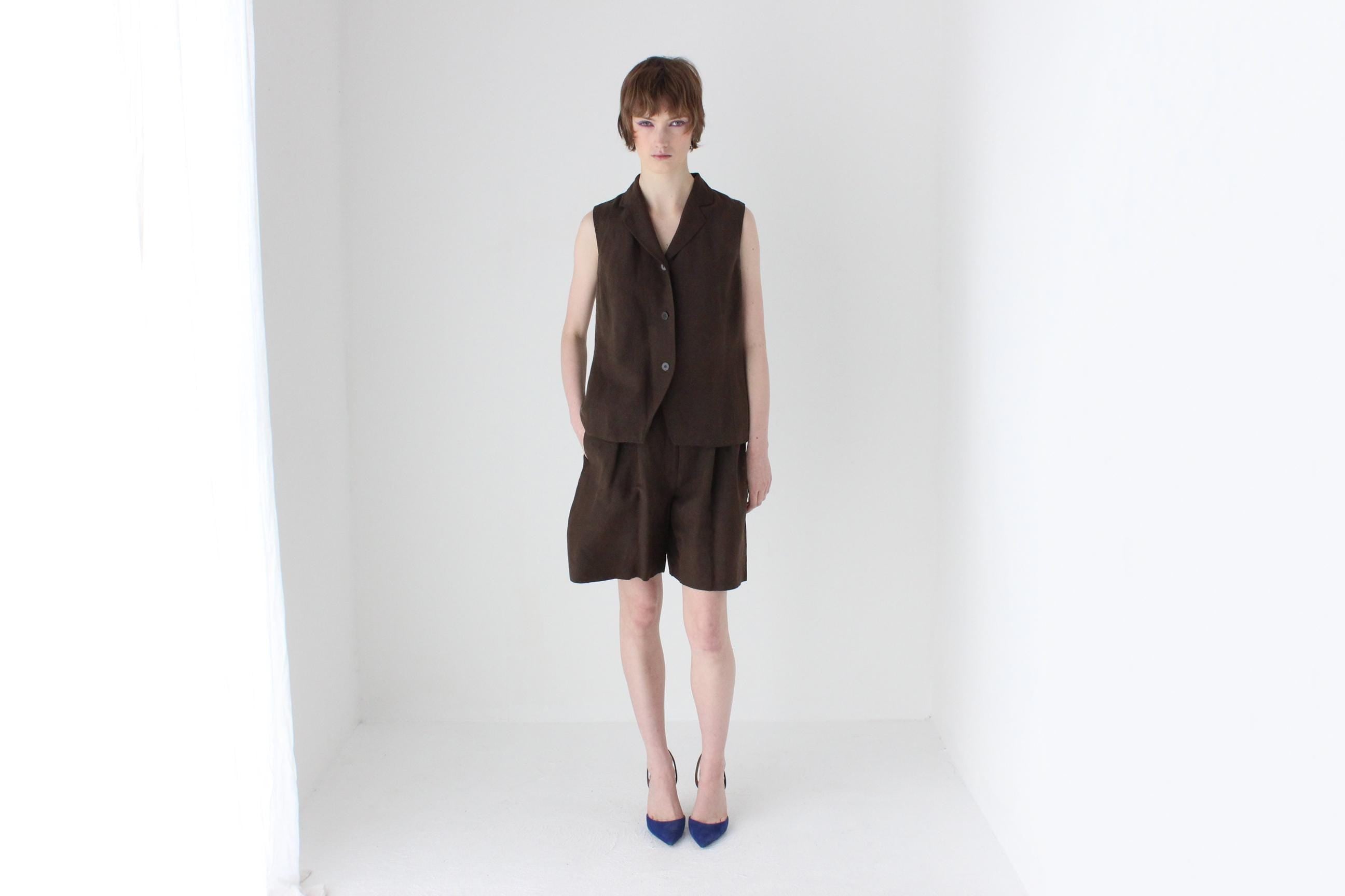 90s Chocolate Silk Linen Two Piece Waistcoat & Shorts Suit Set