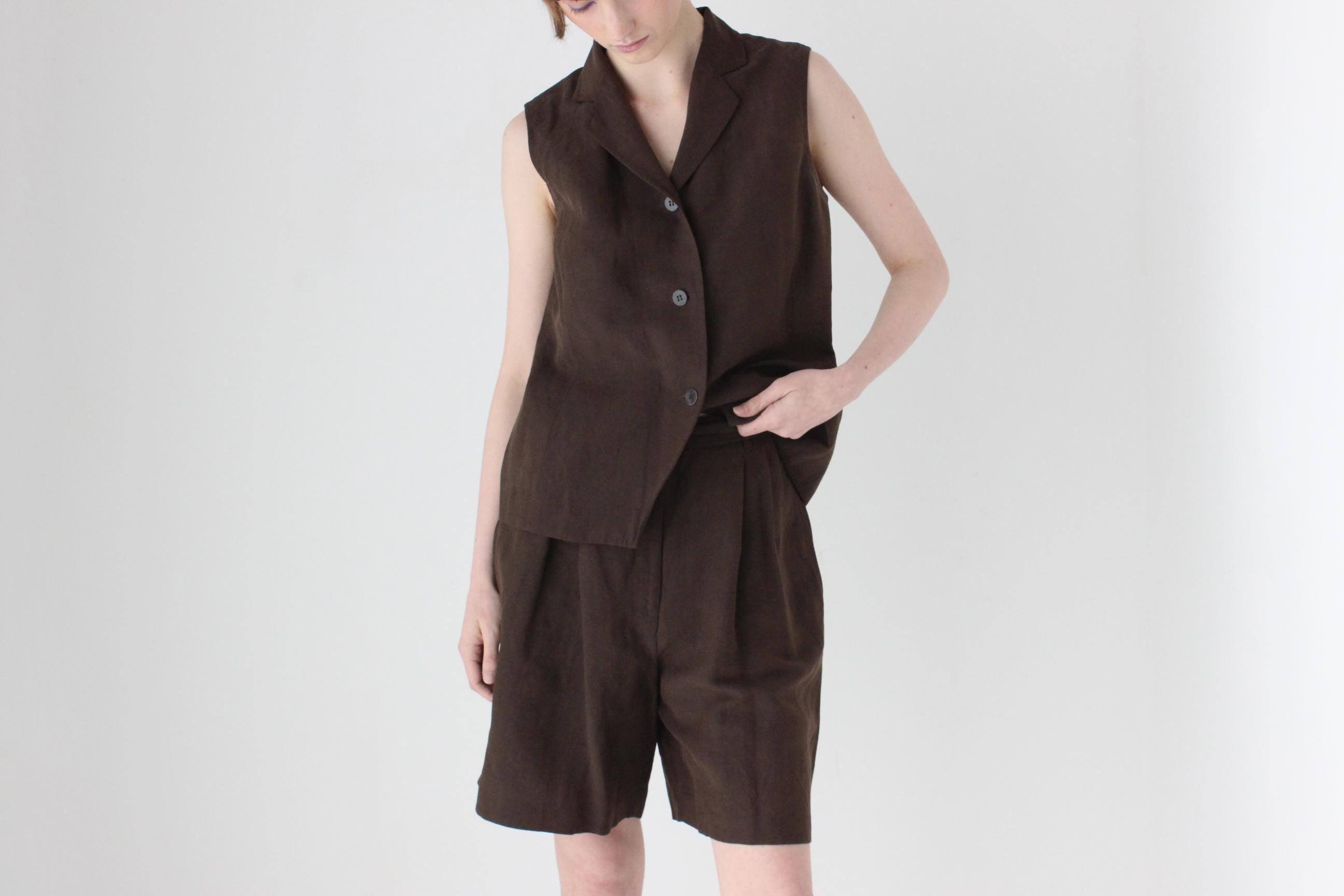 90s Chocolate Silk Linen Two Piece Waistcoat & Shorts Suit Set