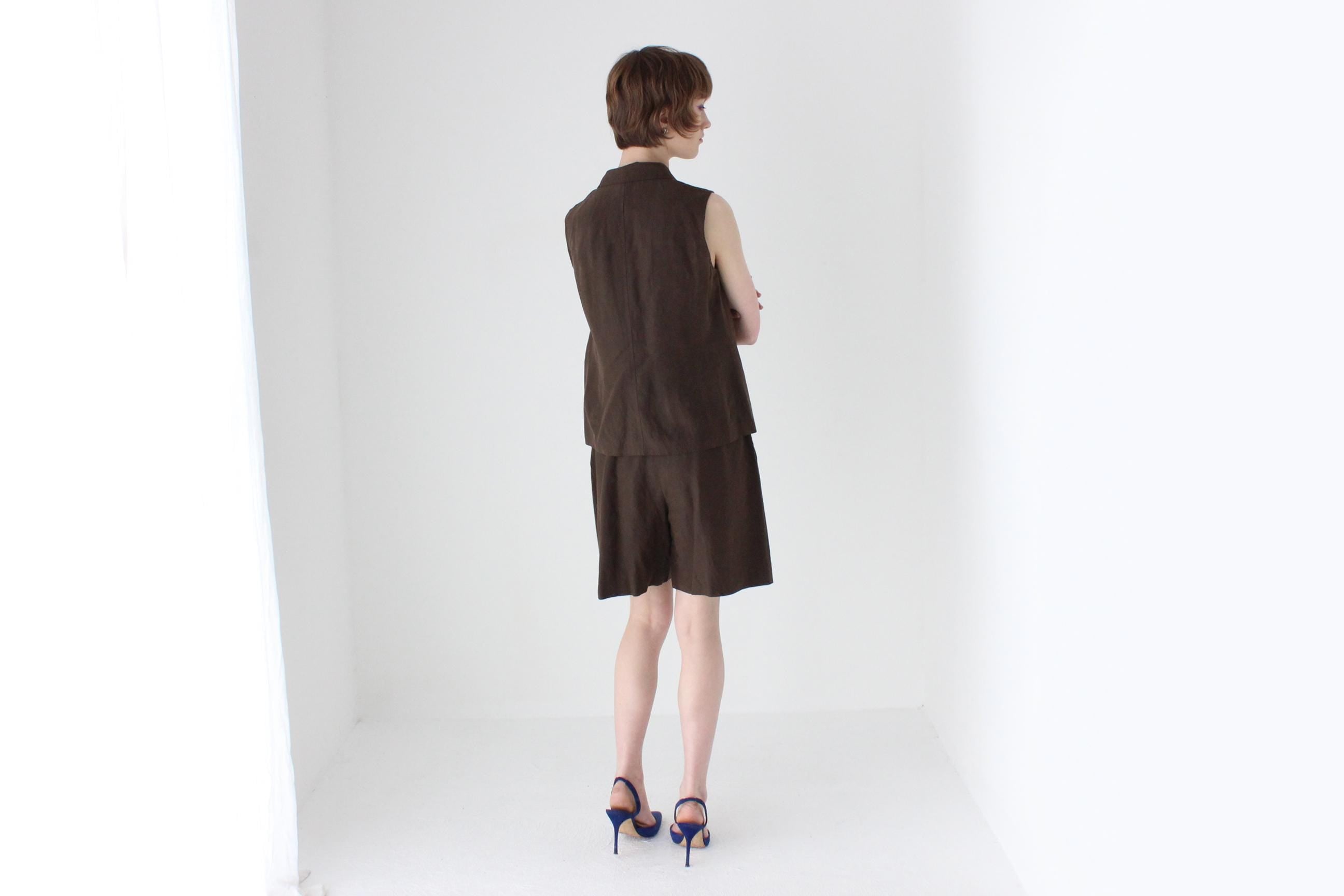 90s Chocolate Silk Linen Two Piece Waistcoat & Shorts Suit Set