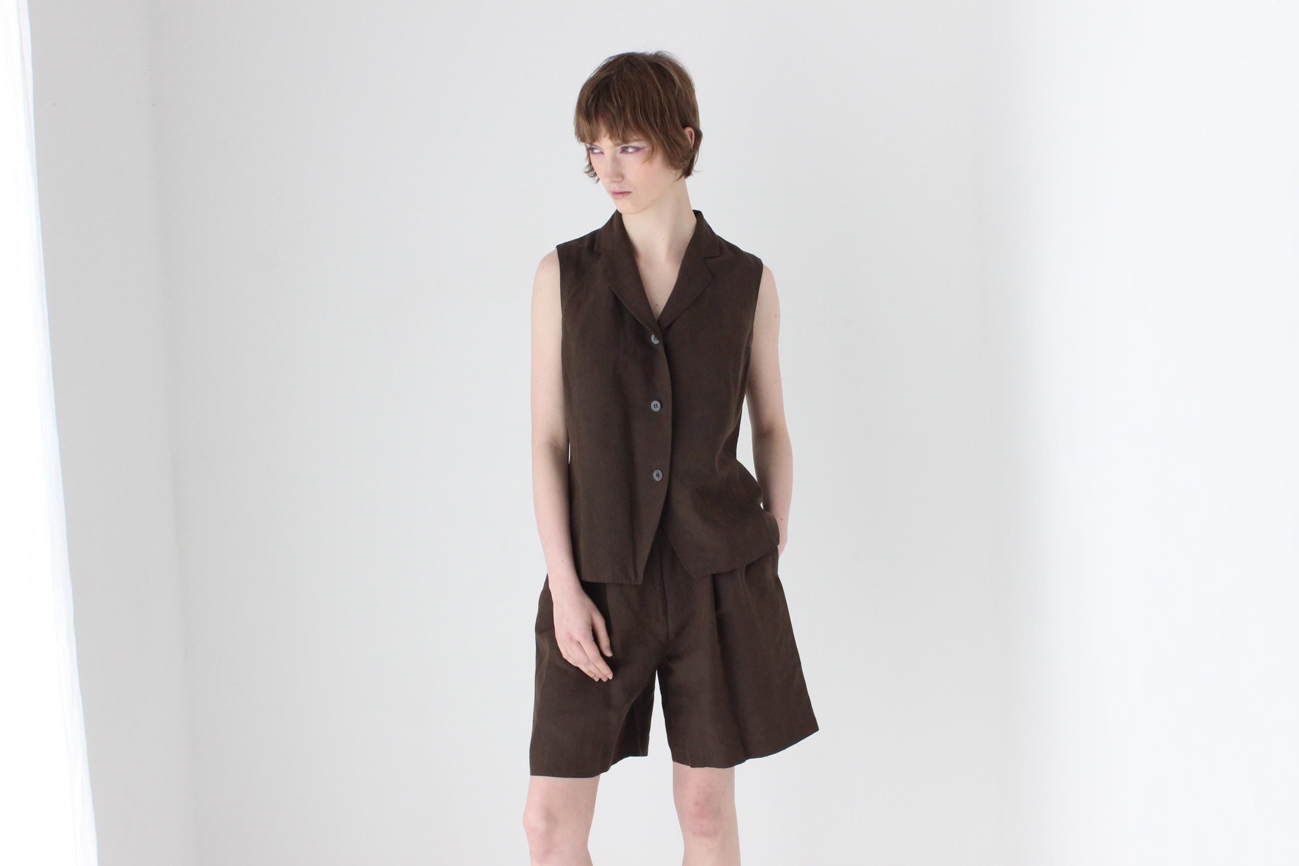 90s Chocolate Silk Linen Two Piece Waistcoat & Shorts Suit Set