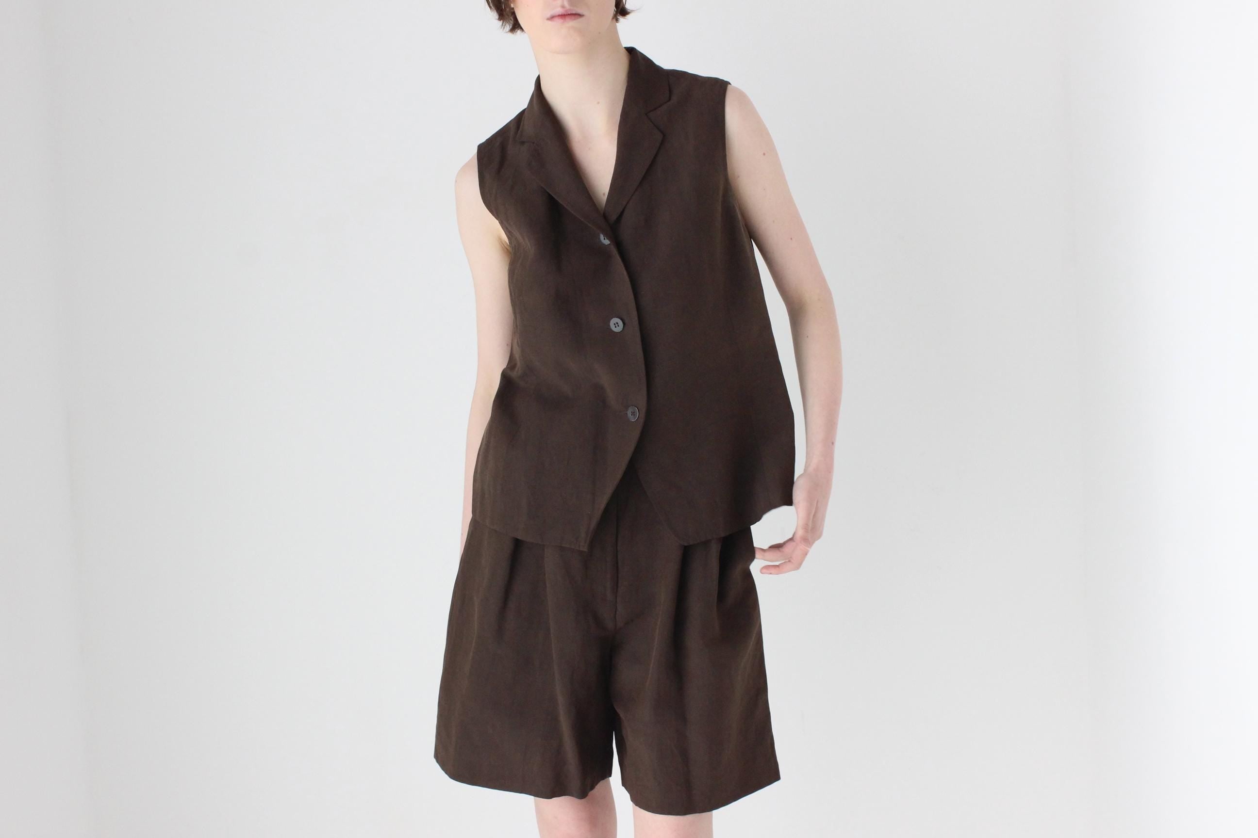 90s Chocolate Silk Linen Two Piece Waistcoat & Shorts Suit Set