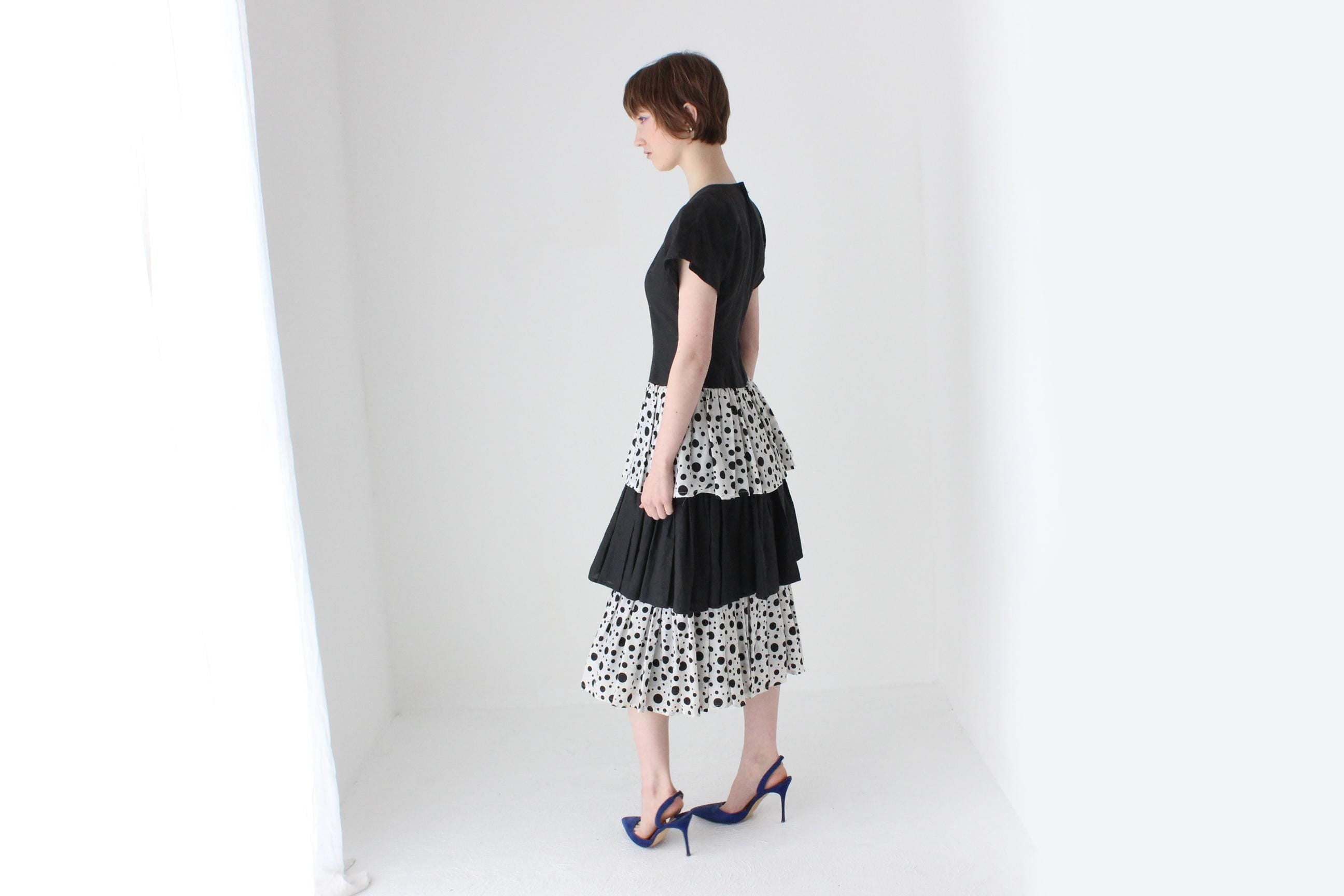 Fab 80s Tiered Cotton Linen Polka Dot Ruffle Dress