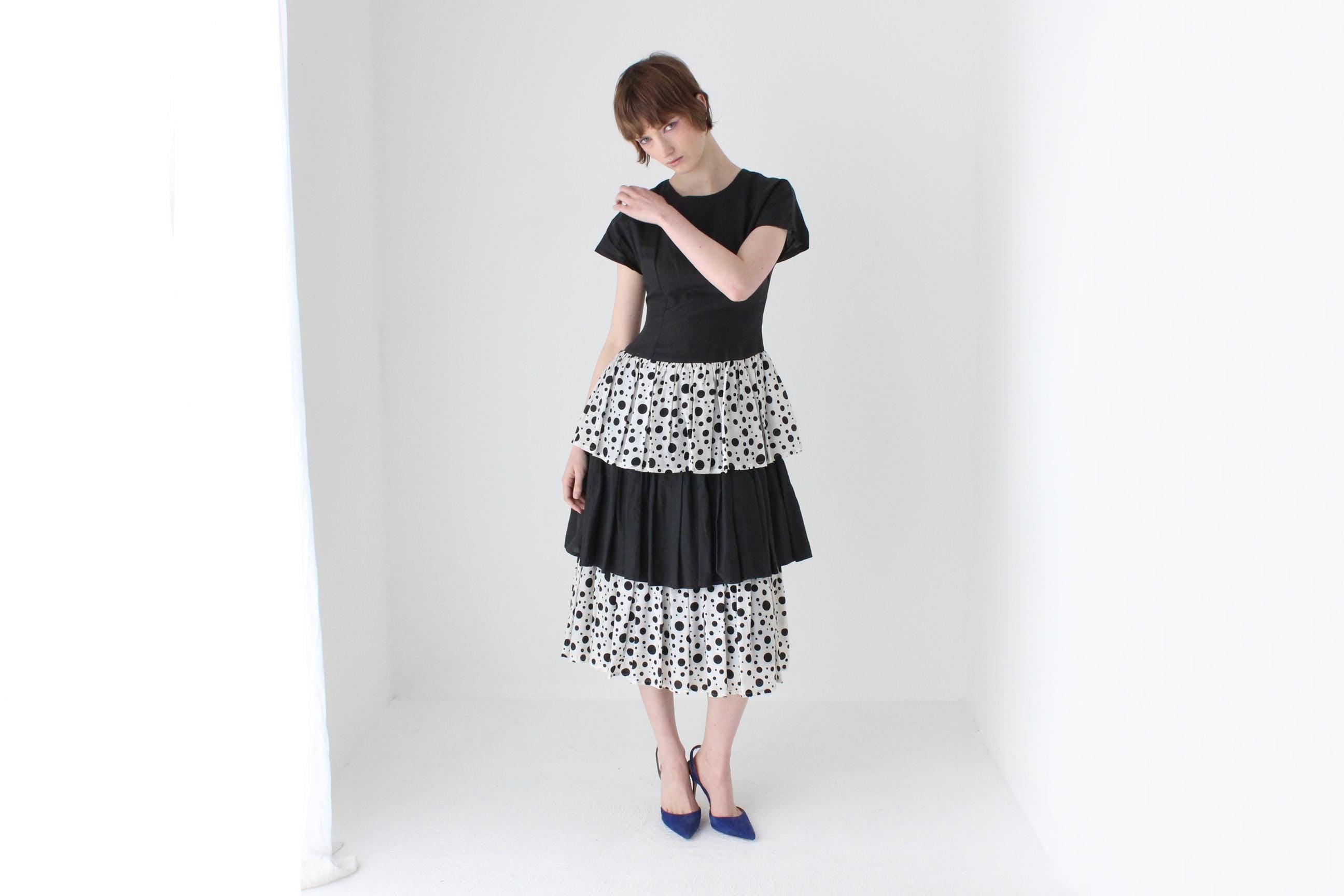 Fab 80s Tiered Cotton Linen Polka Dot Ruffle Dress