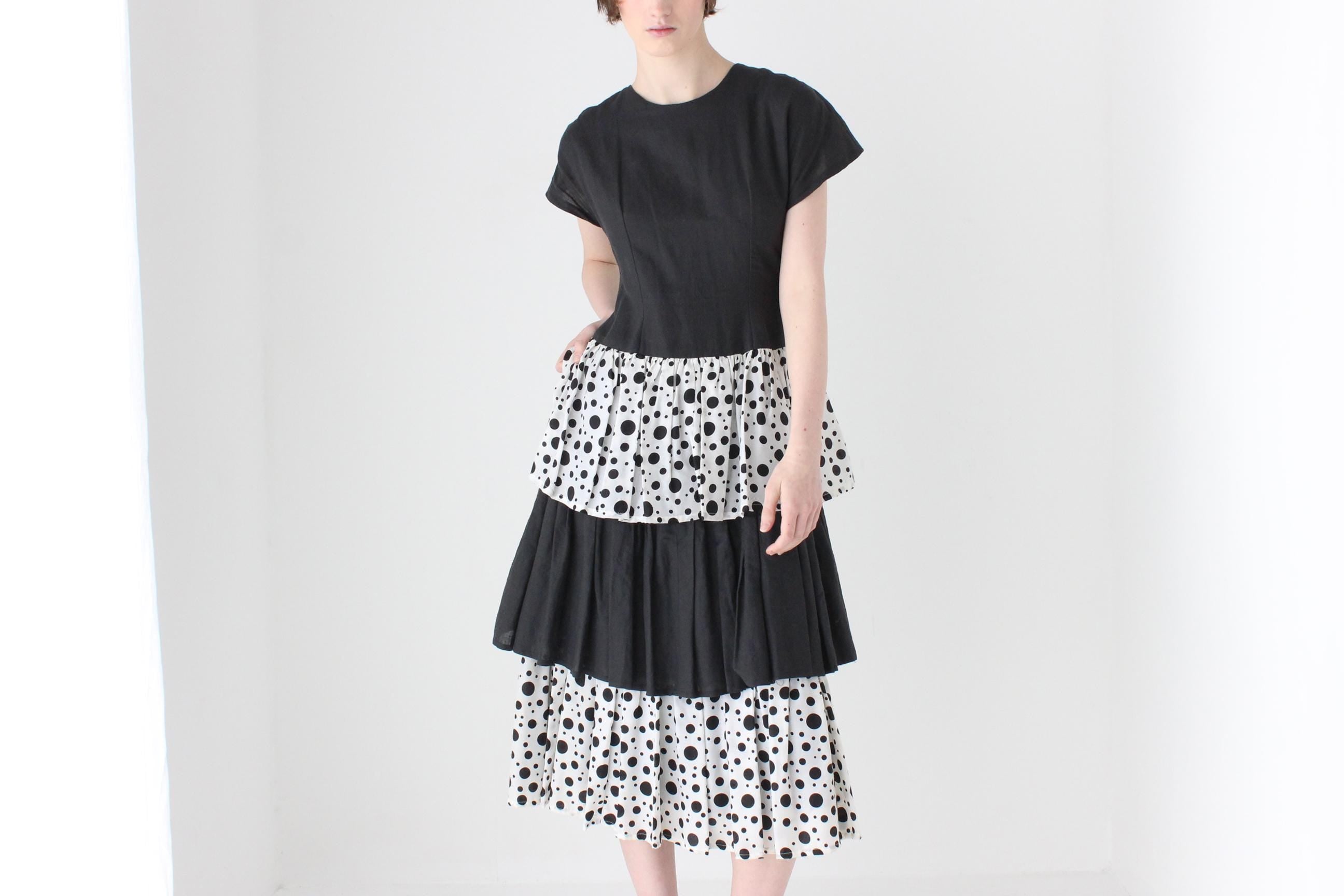 Fab 80s Tiered Cotton Linen Polka Dot Ruffle Dress