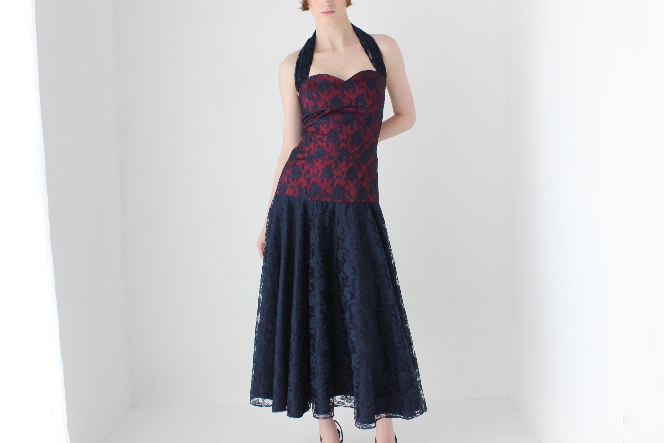 Romantic 80s Lace Bustier Halter Dress