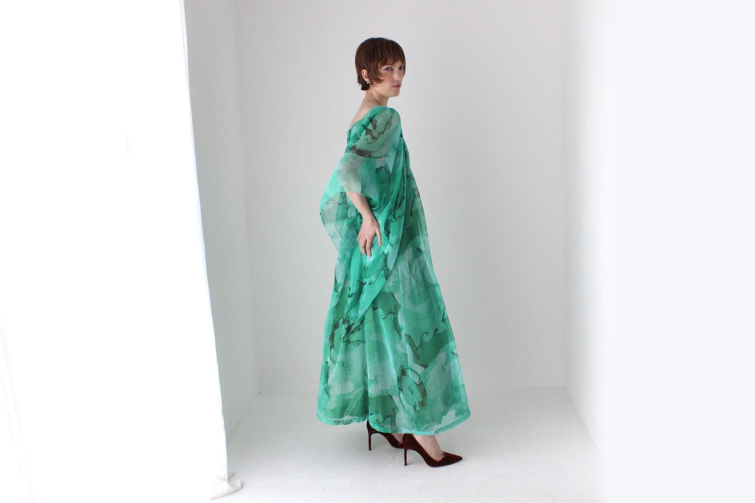 Psychedelic 70s Sheer Wing Sleeve Kaftan Party Dress