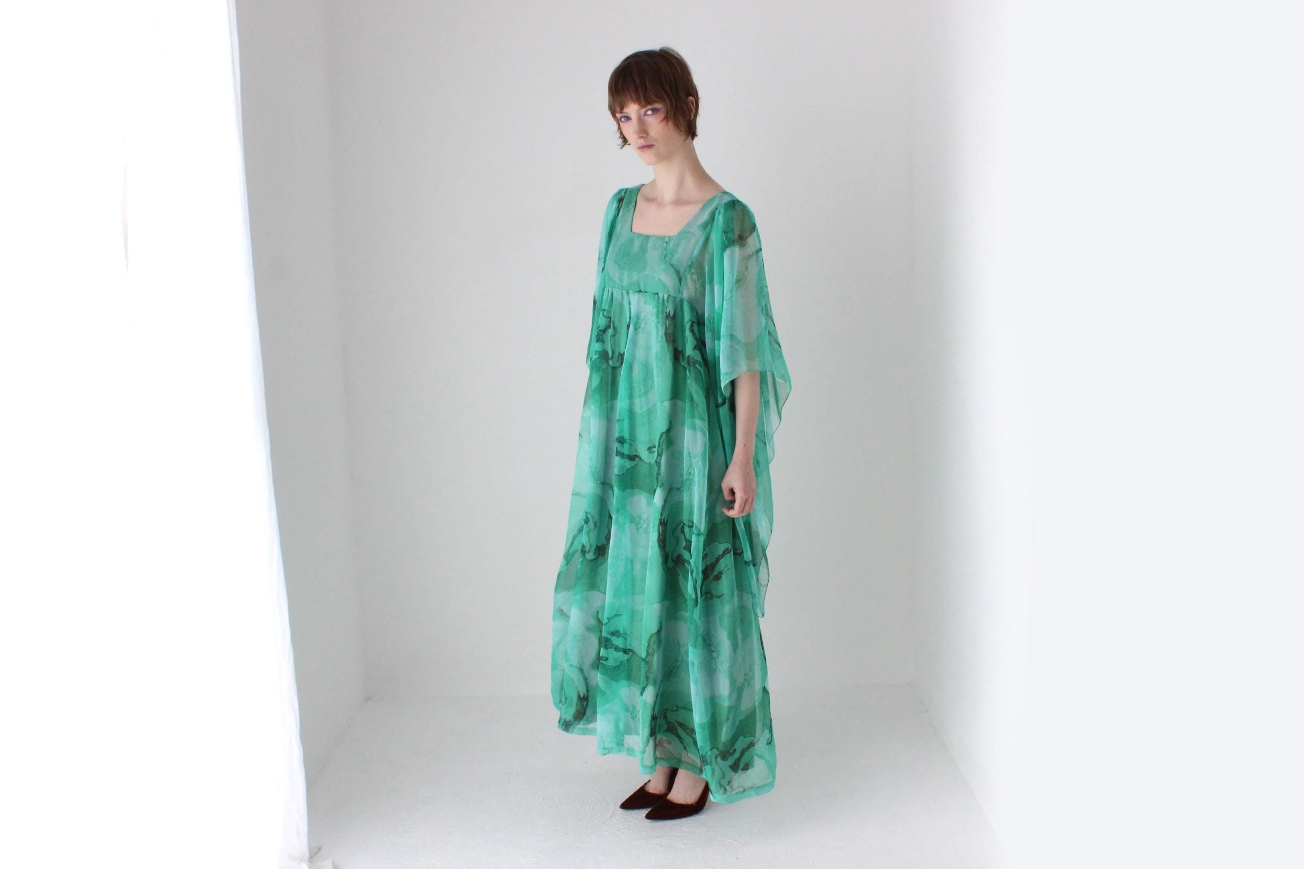 Psychedelic 70s Sheer Wing Sleeve Kaftan Party Dress