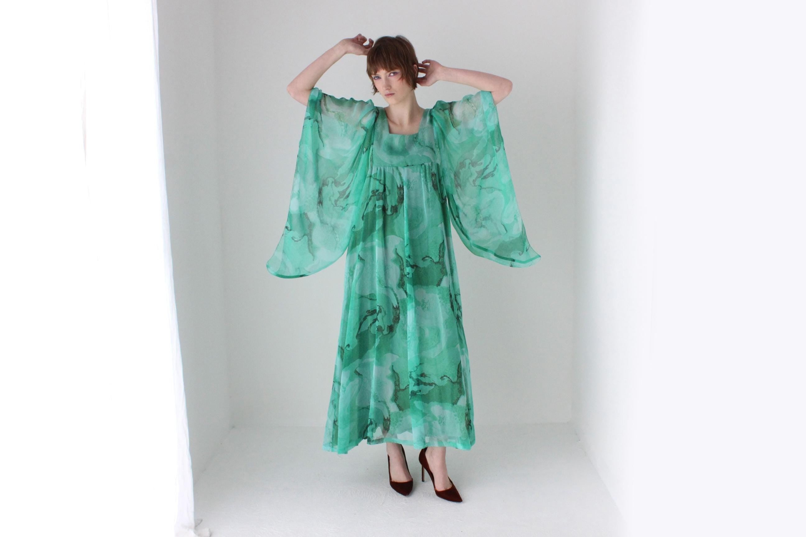 Psychedelic 70s Sheer Wing Sleeve Kaftan Party Dress