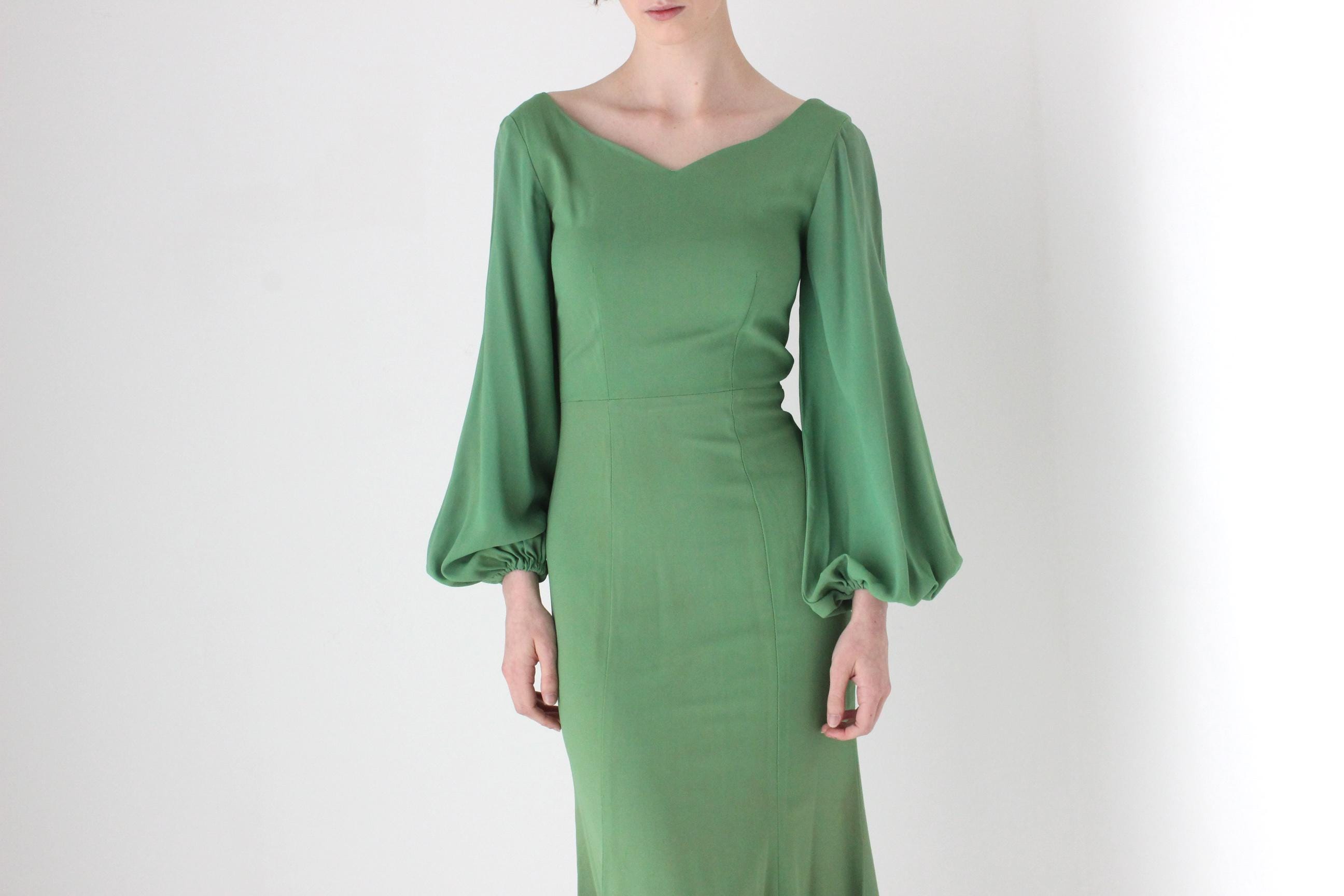 70s Apple Green Jersey Blouson Sleeve Dress w/ Tie Up Back by Leon Haskin