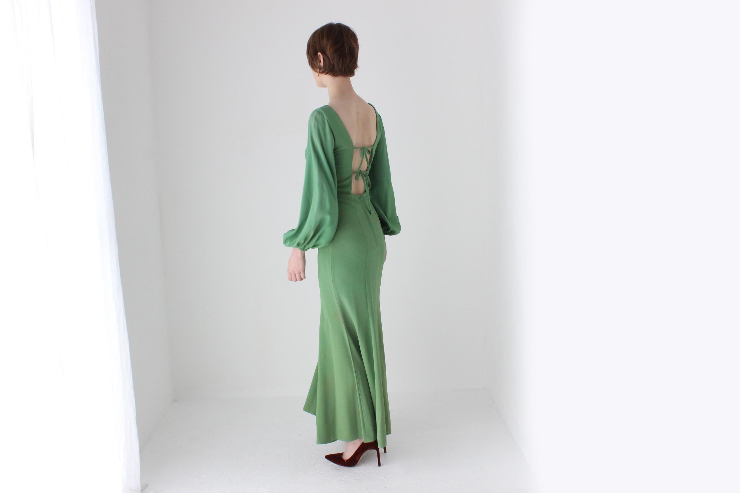 70s Apple Green Jersey Blouson Sleeve Dress w/ Tie Up Back by Leon Haskin