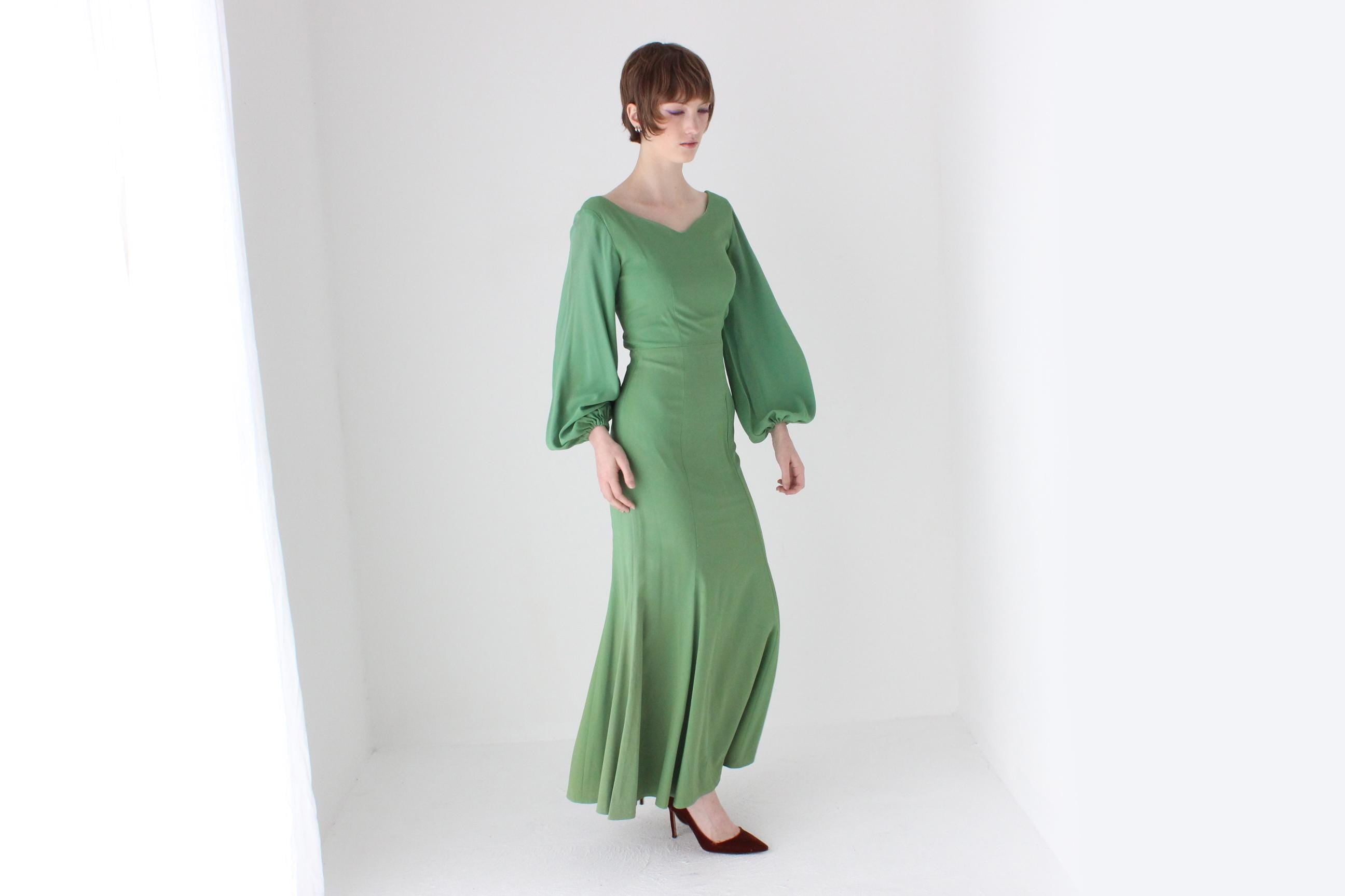 70s Apple Green Jersey Blouson Sleeve Dress w/ Tie Up Back by Leon Haskin