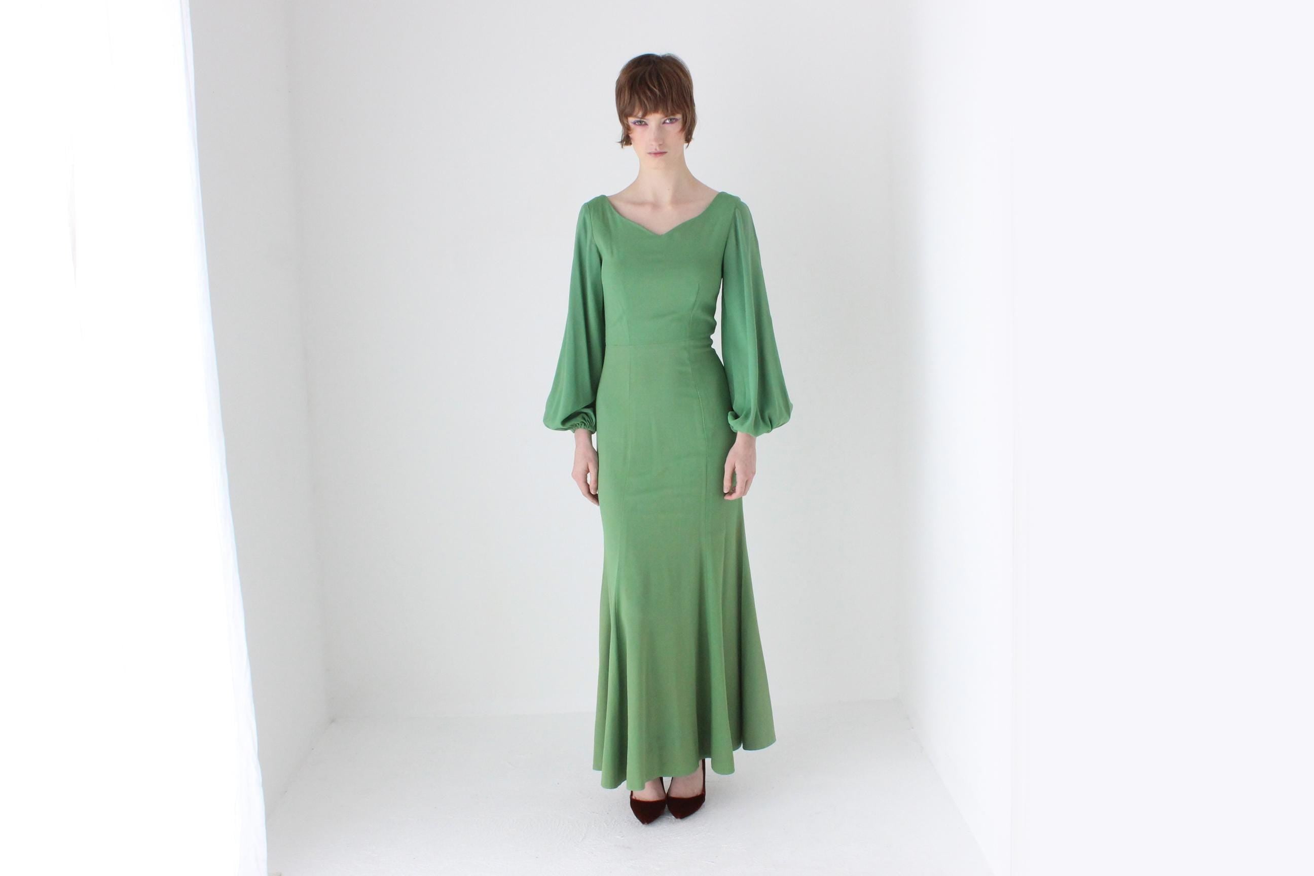 70s Apple Green Jersey Blouson Sleeve Dress w/ Tie Up Back by Leon Haskin