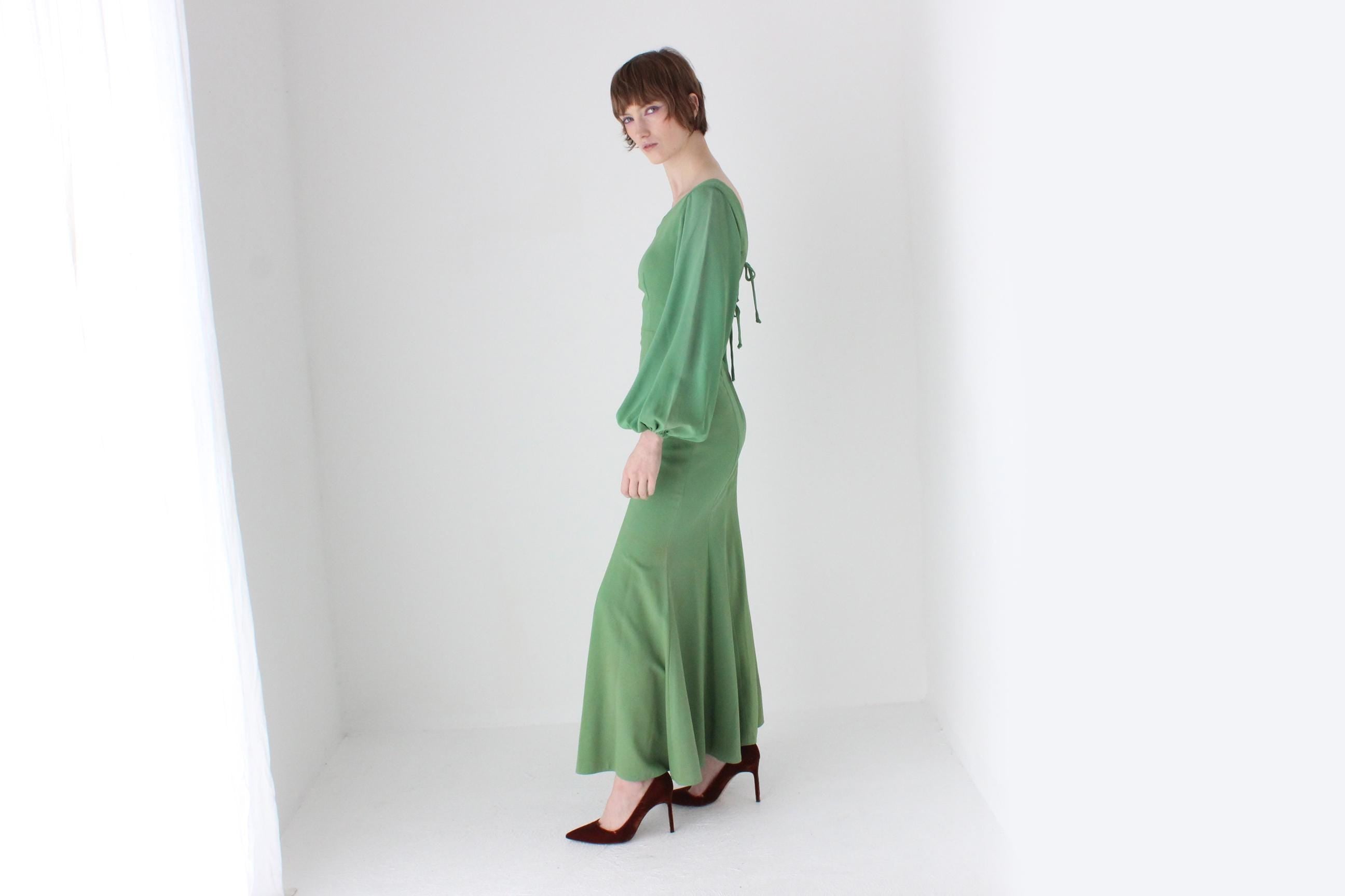 70s Apple Green Jersey Blouson Sleeve Dress w/ Tie Up Back by Leon Haskin