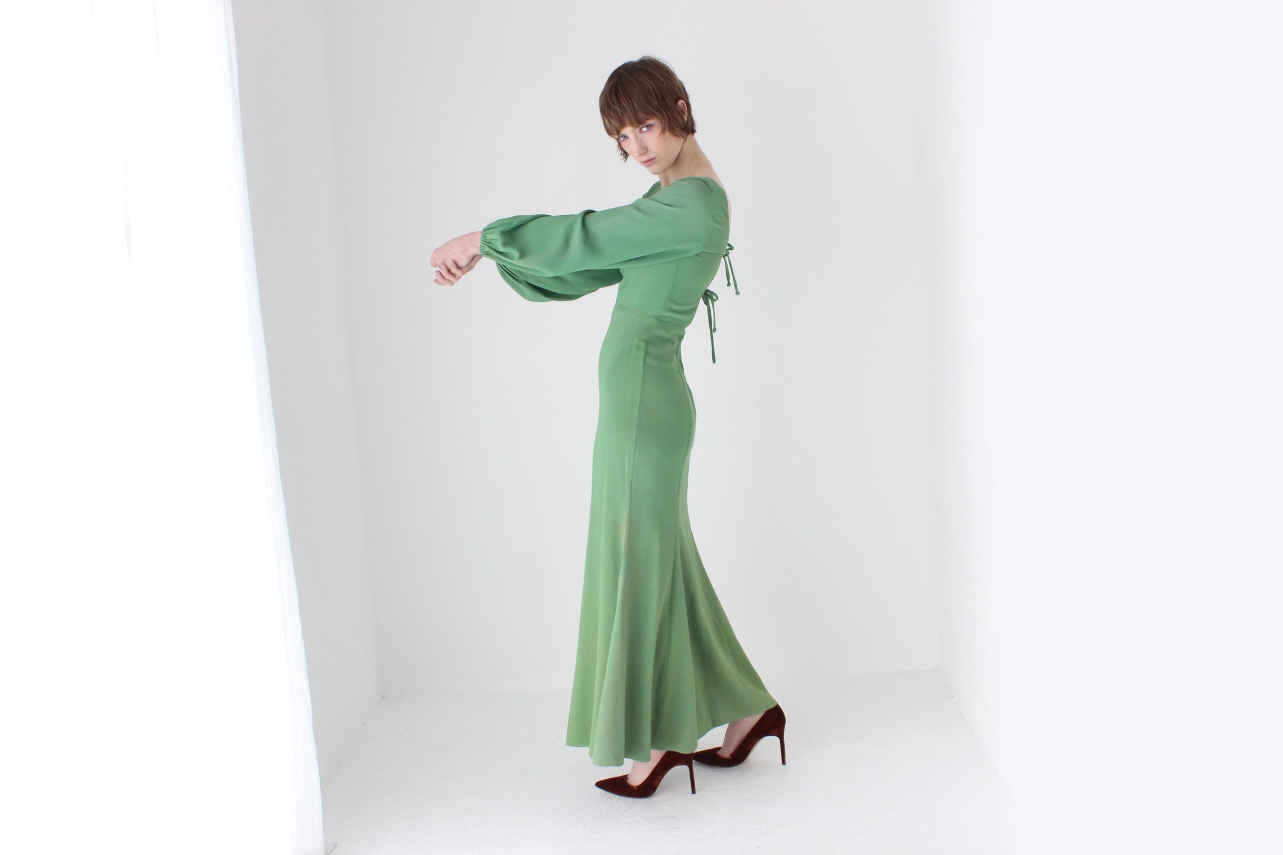 70s Apple Green Jersey Blouson Sleeve Dress w/ Tie Up Back by Leon Haskin