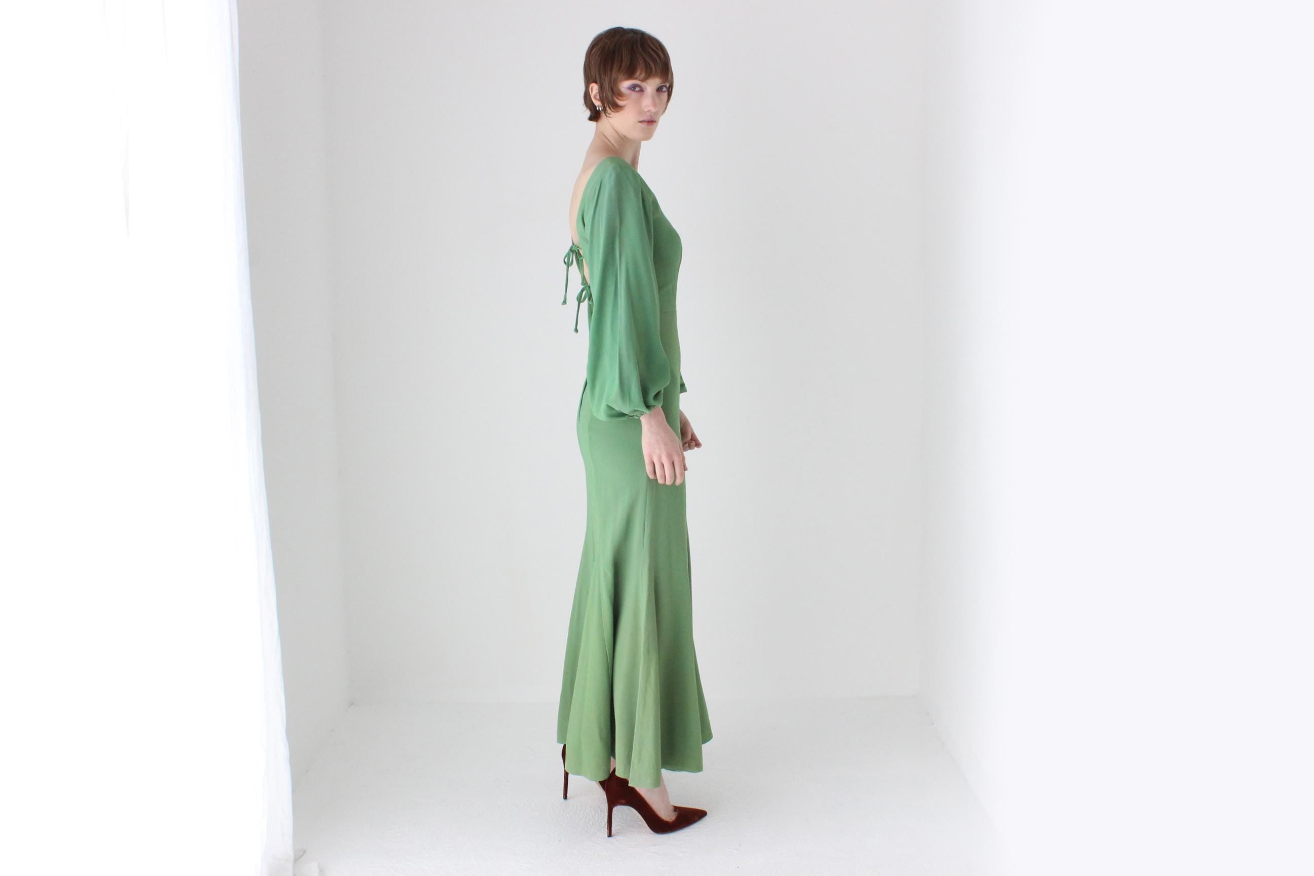 70s Apple Green Jersey Blouson Sleeve Dress w/ Tie Up Back by Leon Haskin