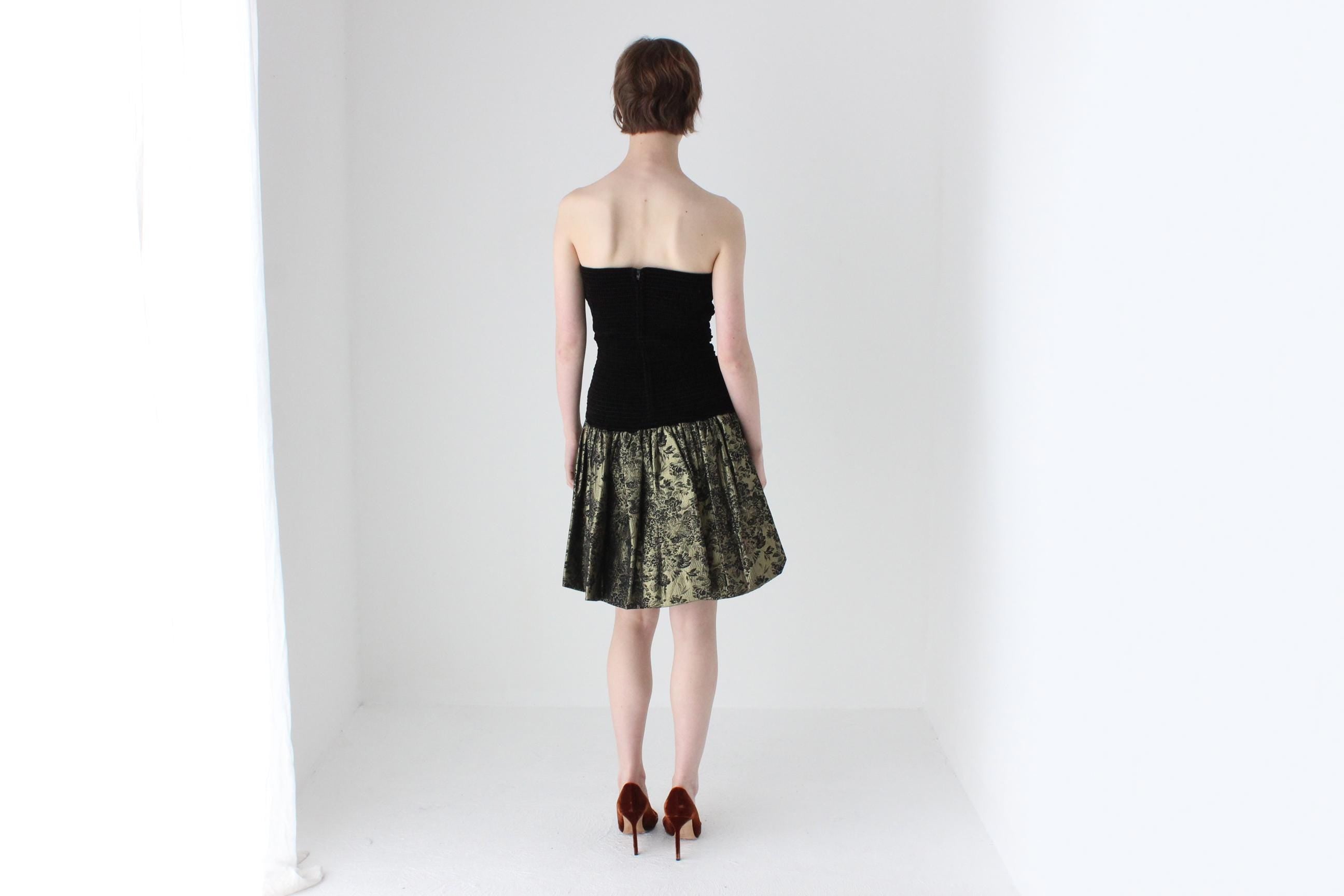 80s Gold Brocade & Black Velvet Strapless Bubble Mini