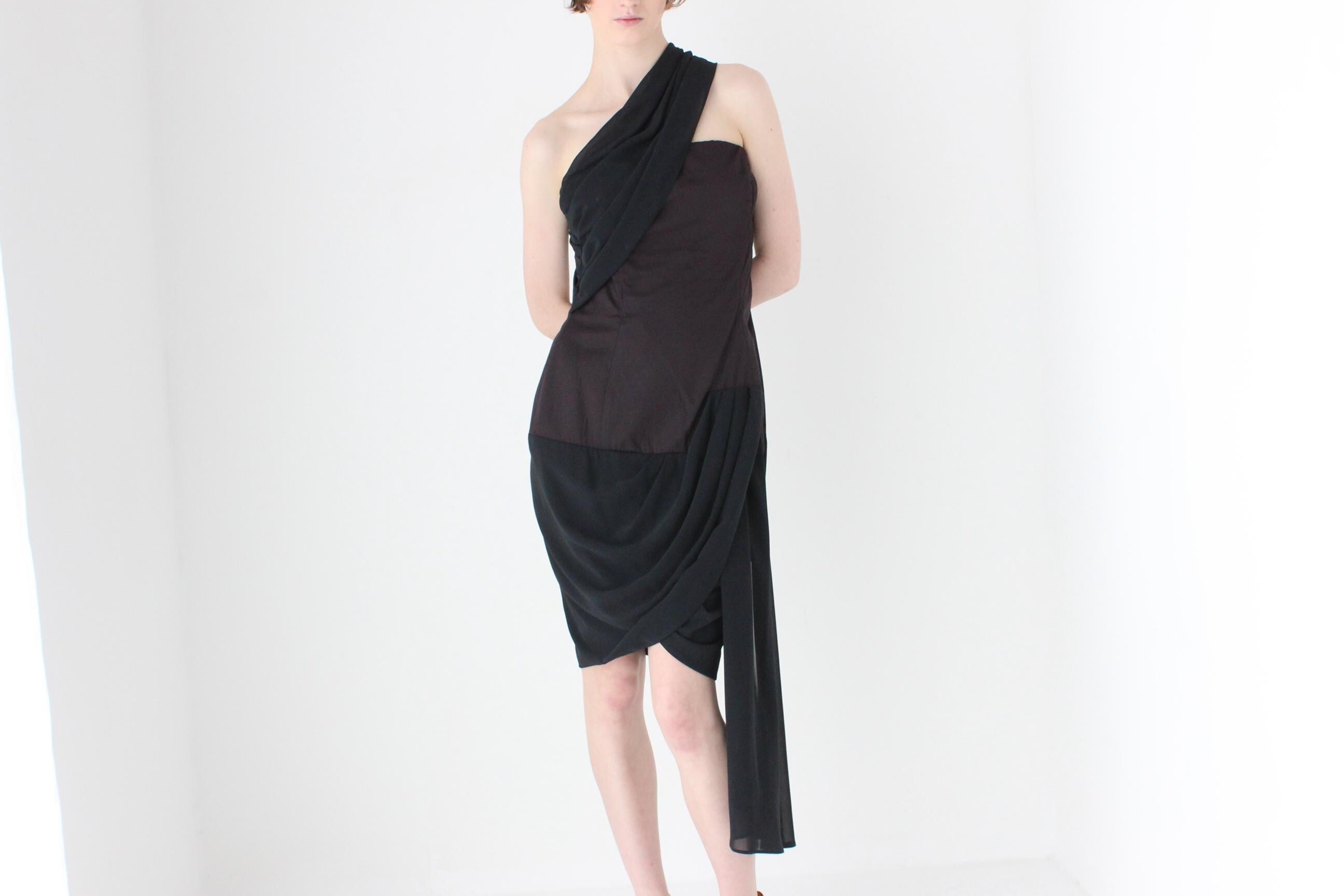 80s Asymmetric Draped Chiffon Cocktail Dress by Covers