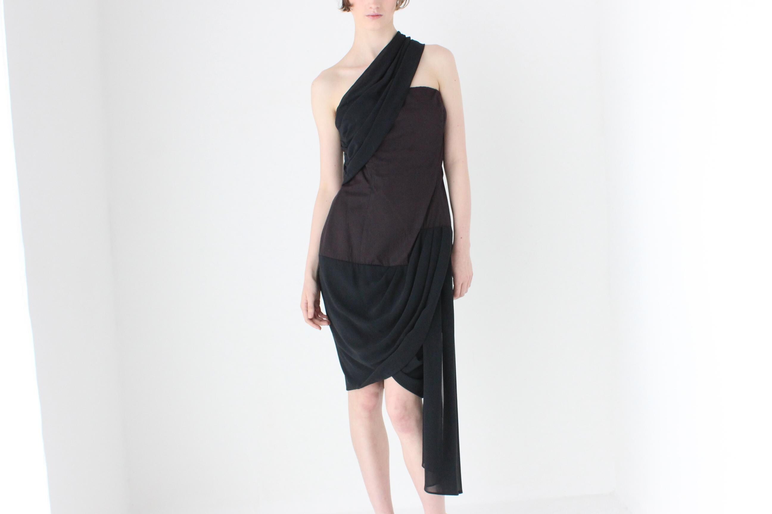 80s Asymmetric Draped Chiffon Cocktail Dress by Covers