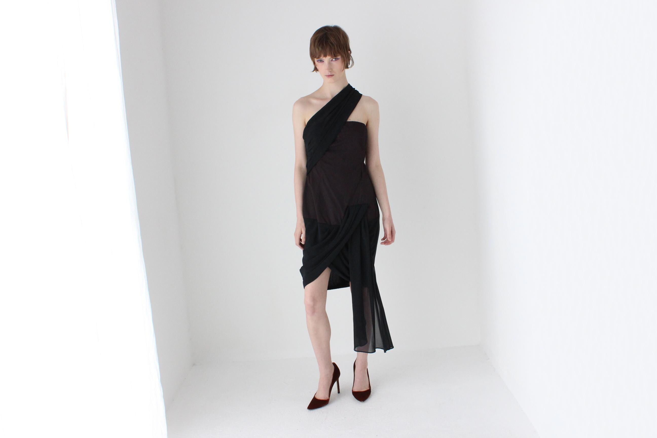 80s Asymmetric Draped Chiffon Cocktail Dress by Covers