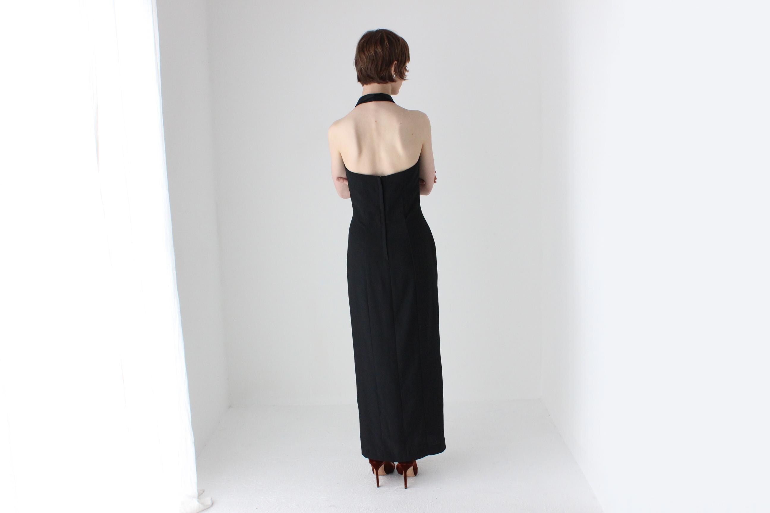 Elegant 80s Crepe Tuxedo Plunge Halter Neck Formal Gown