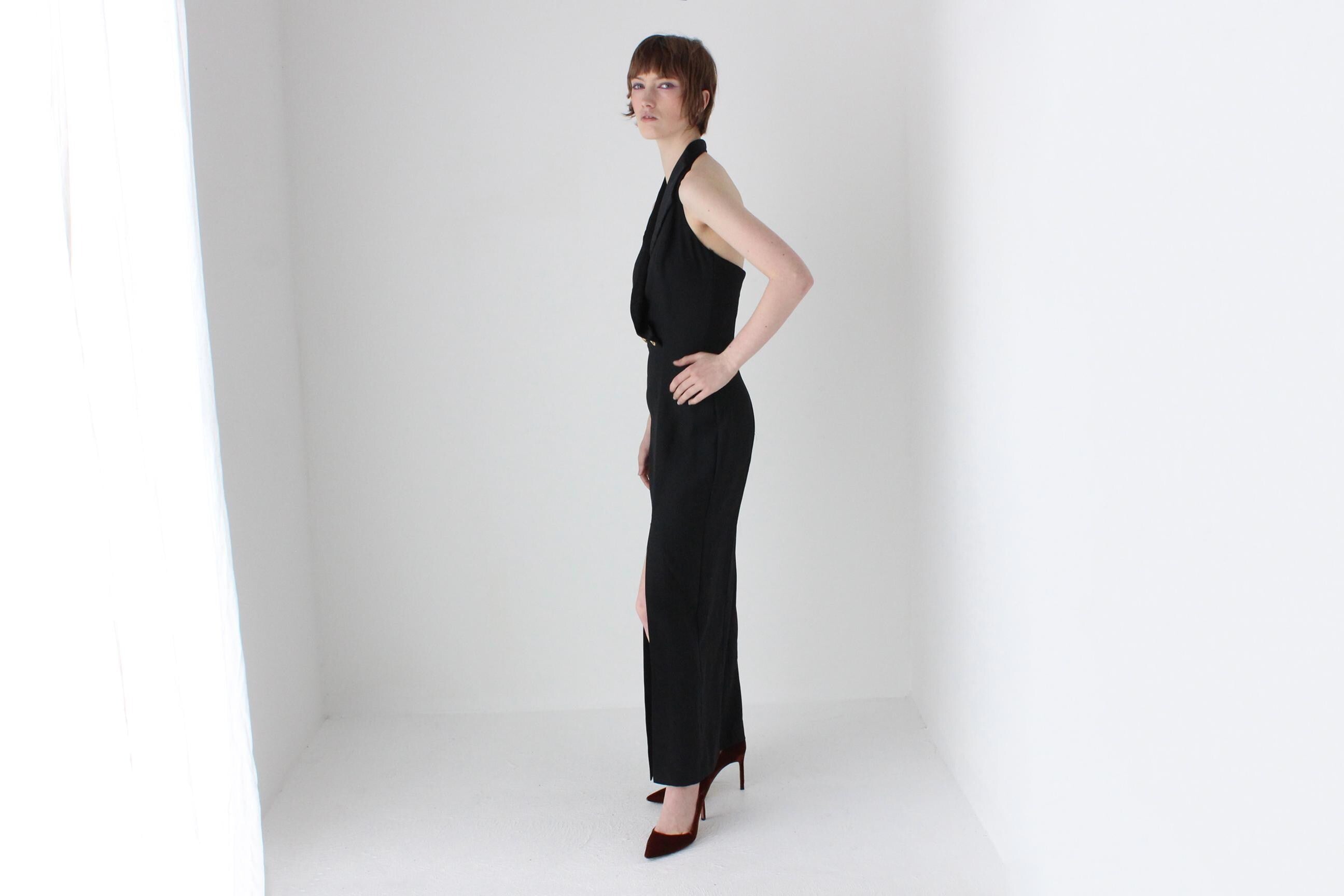 Elegant 80s Crepe Tuxedo Plunge Halter Neck Formal Gown