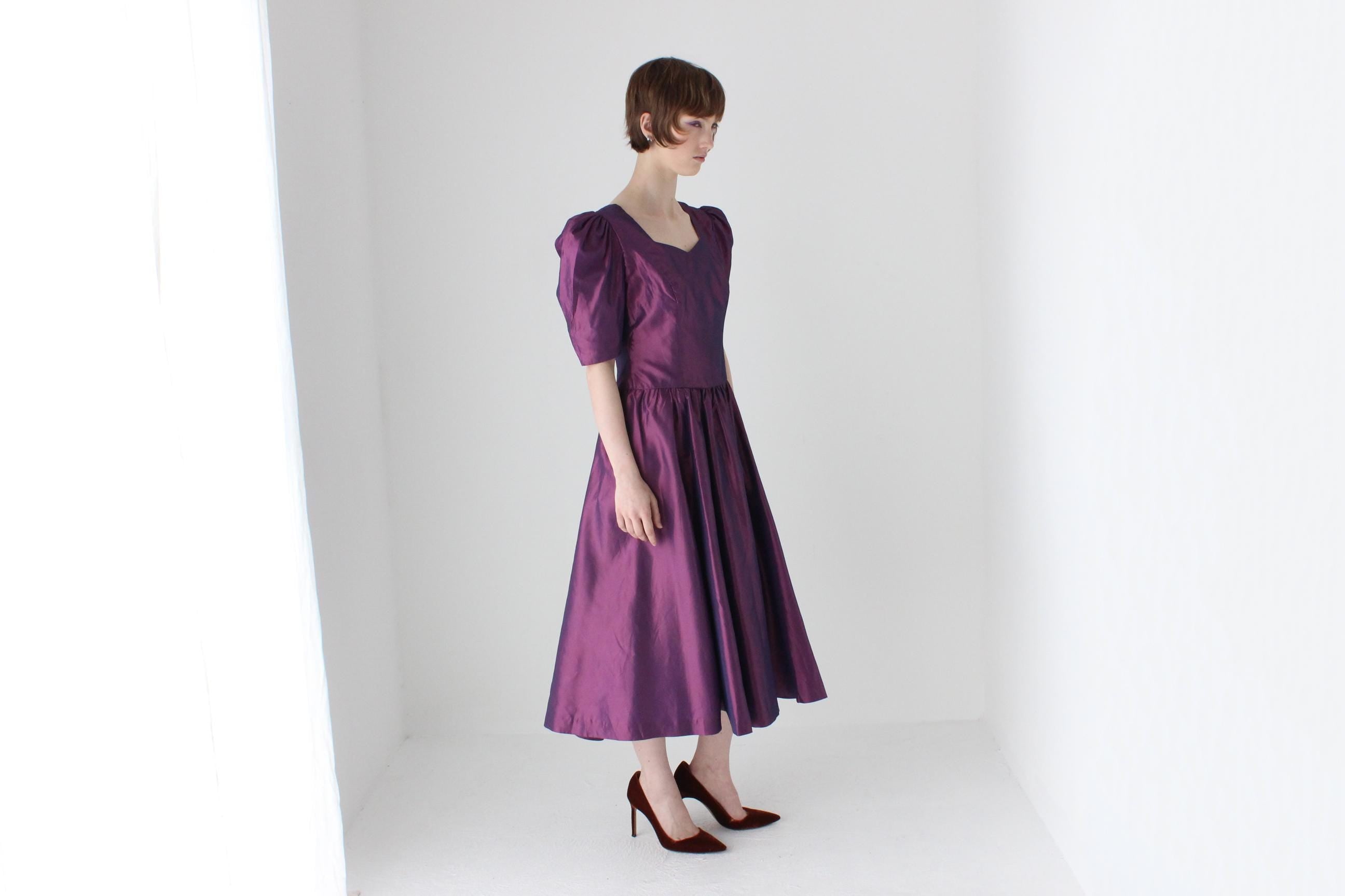 80s Puff Sleeve Metallic Purple Taffeta Cocktail Dress