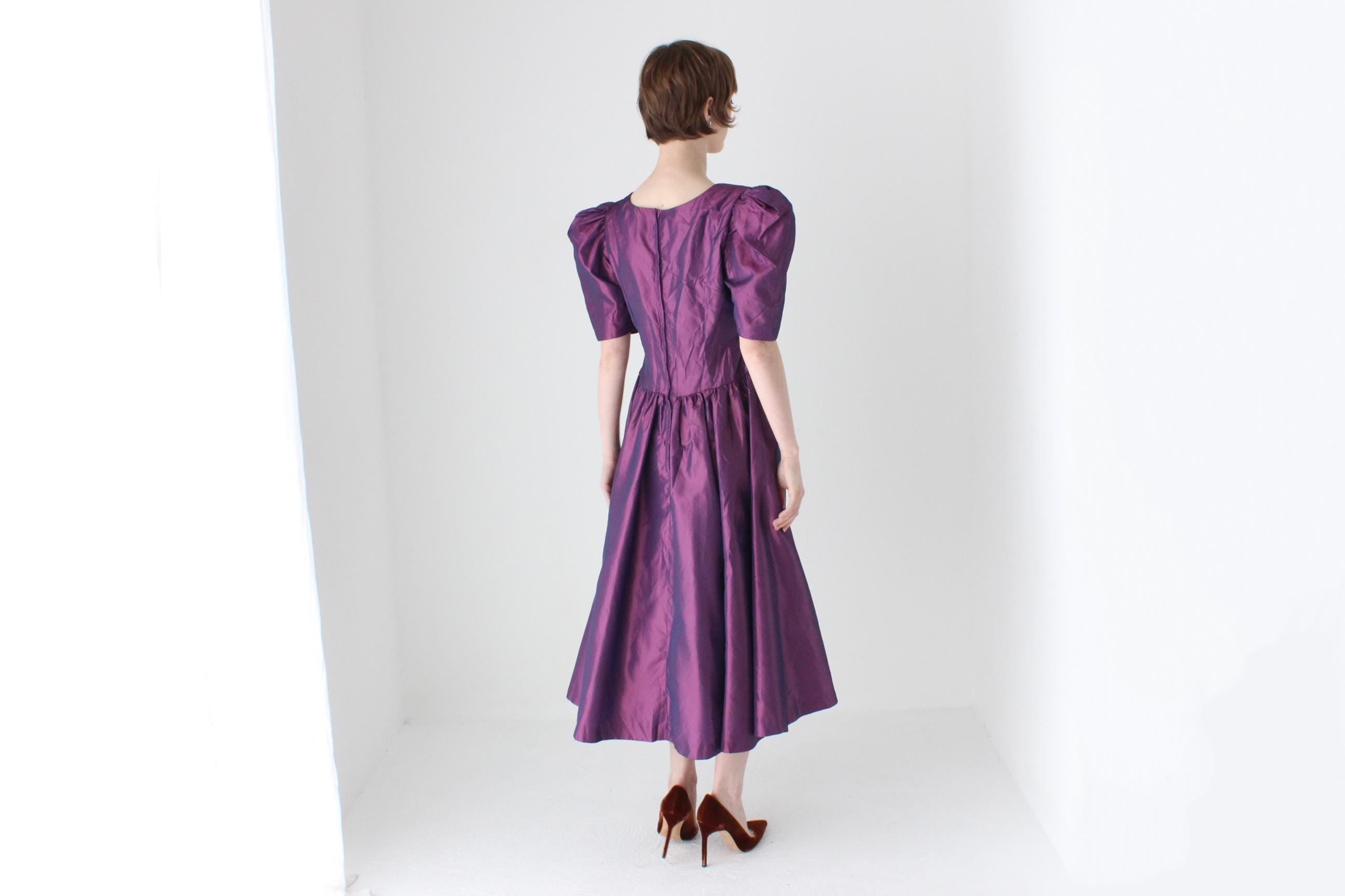 80s Puff Sleeve Metallic Purple Taffeta Cocktail Dress