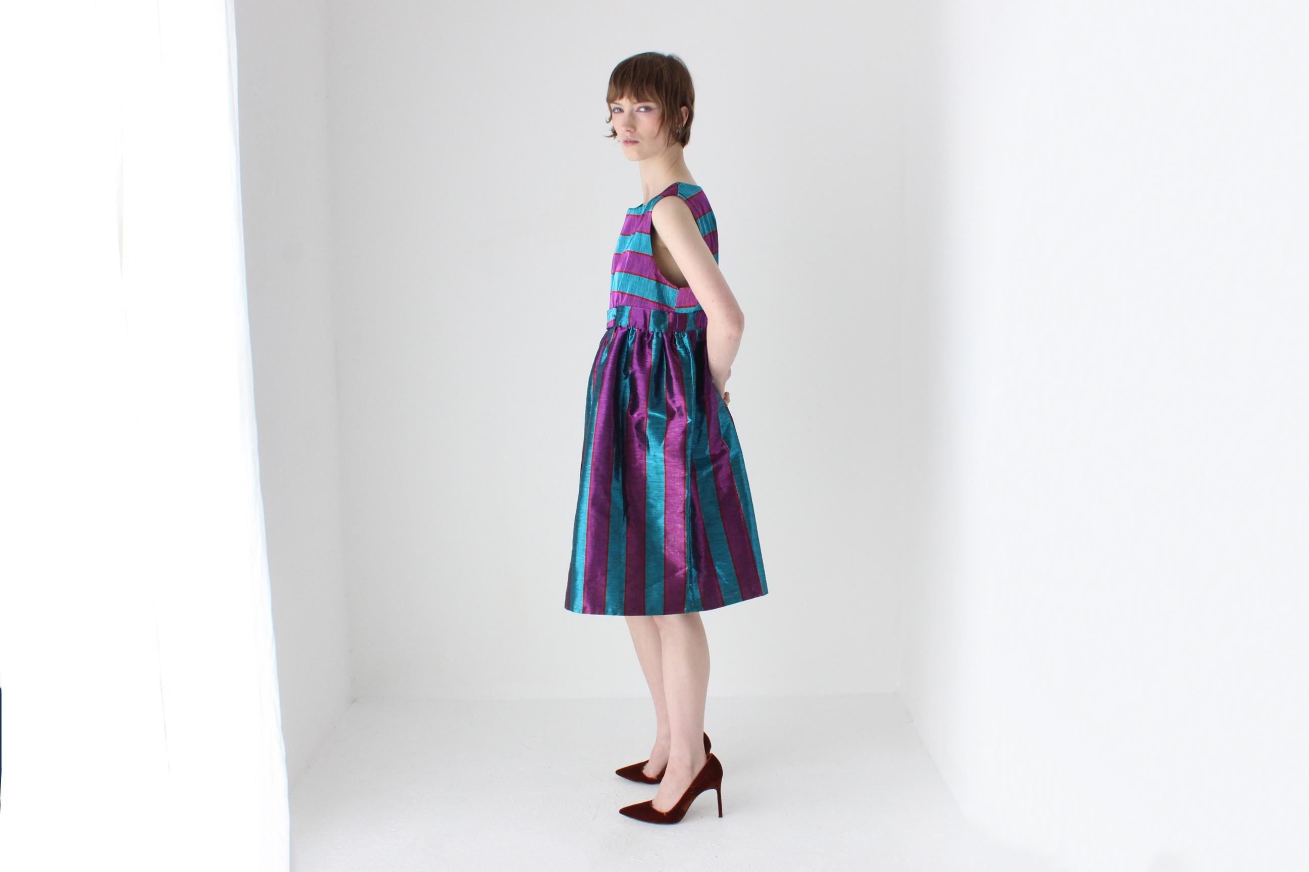 Joyful 80s Metallic Striped Puff Dress