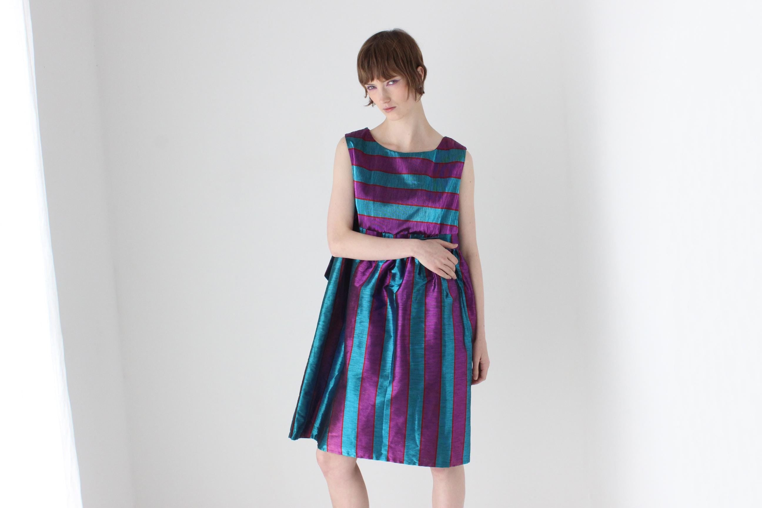 Joyful 80s Metallic Striped Puff Dress