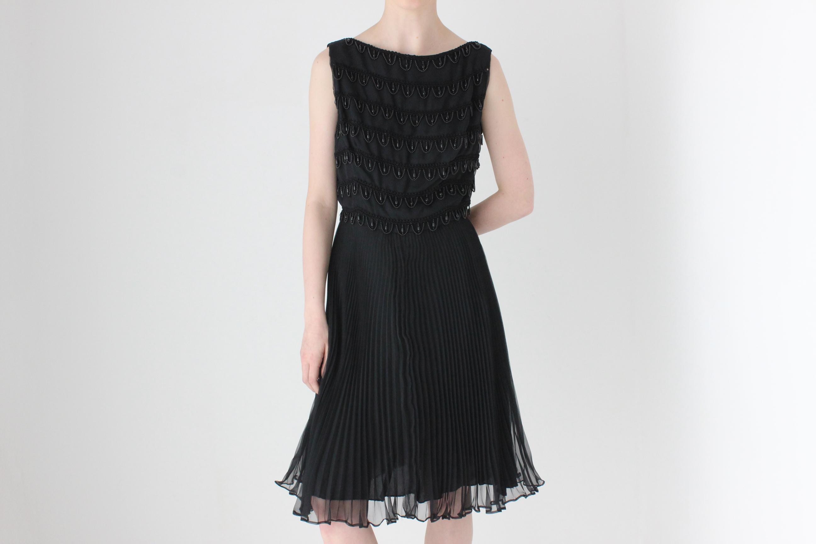 Showstopping 60s Beaded & Pleated Chiffon Cocktail Dress