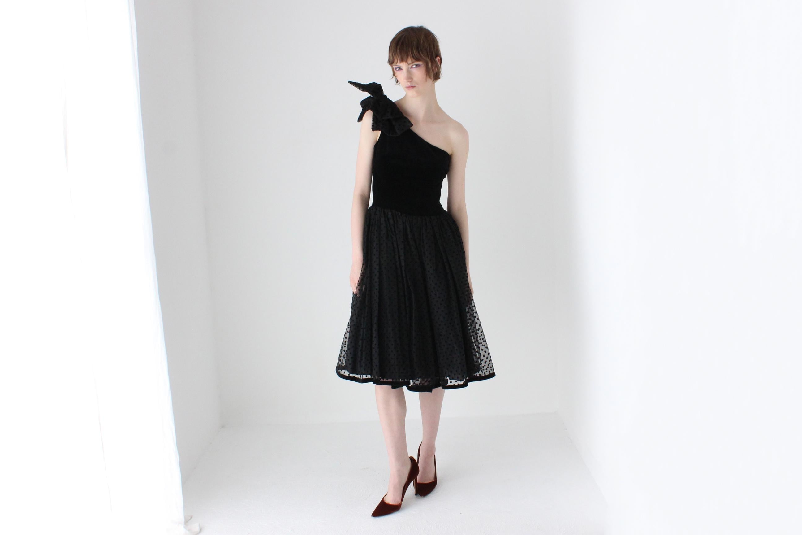 80s One Shoulder Velvet & Polka Dot Tulle Party Dress