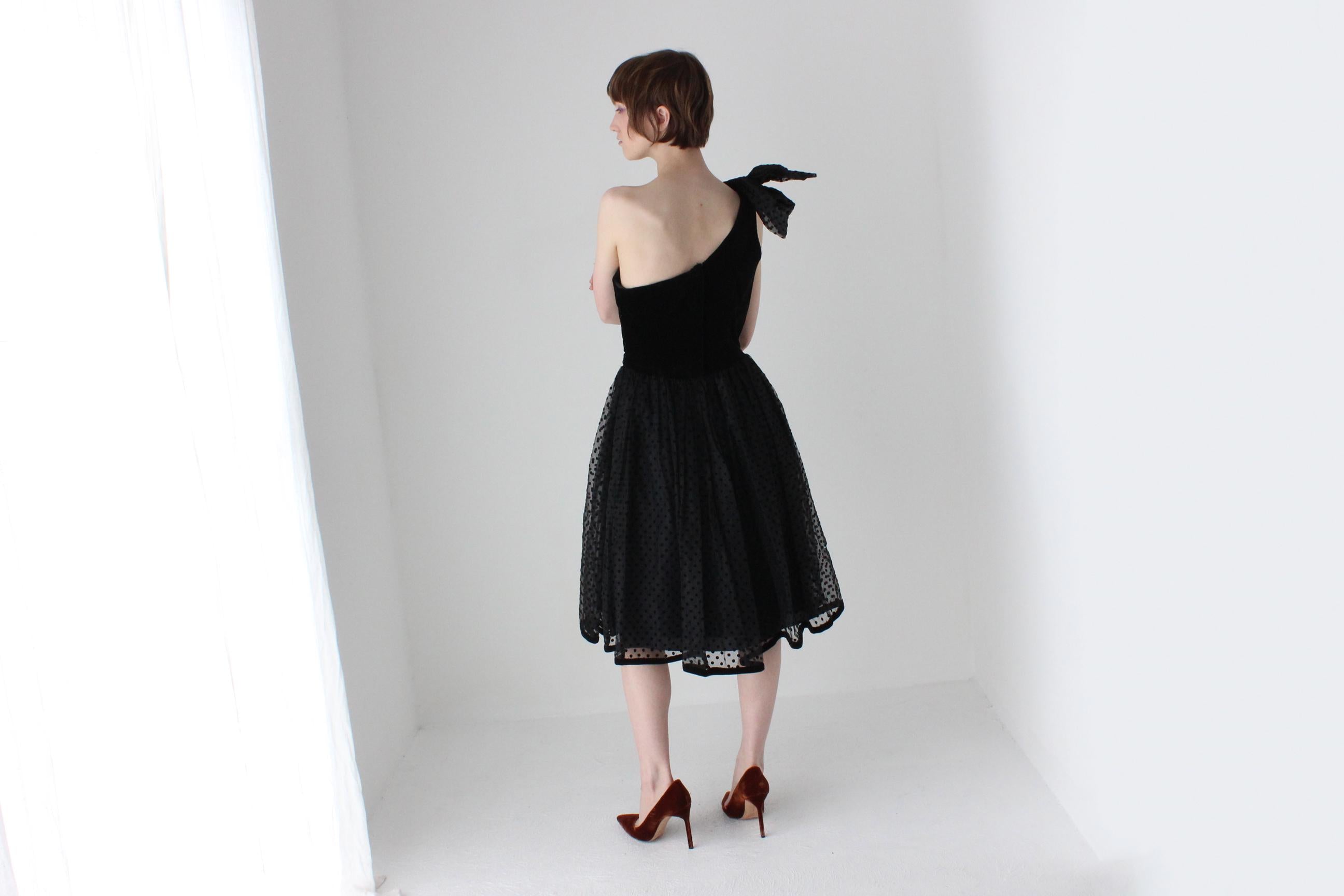 80s One Shoulder Velvet & Polka Dot Tulle Party Dress