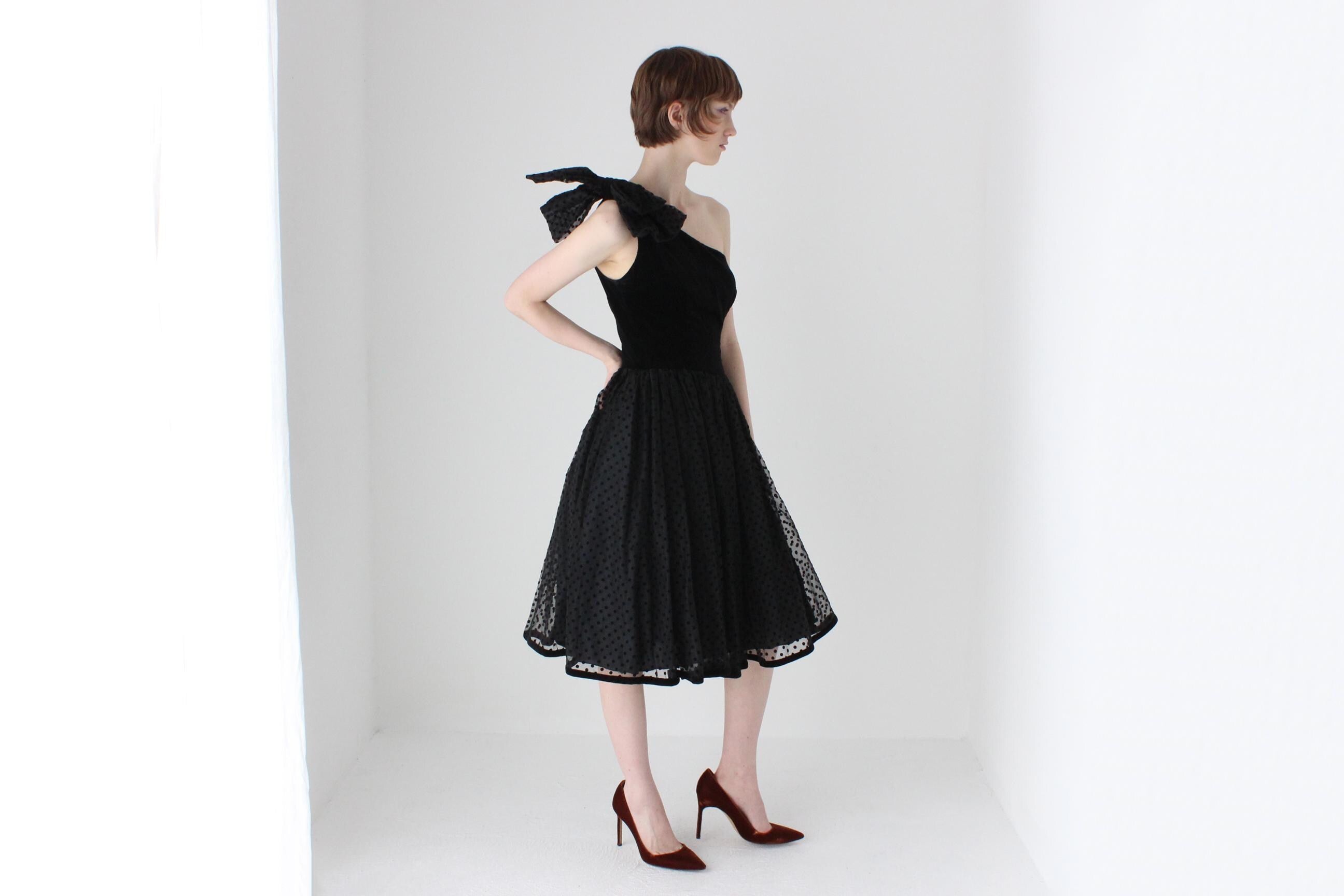 80s One Shoulder Velvet & Polka Dot Tulle Party Dress