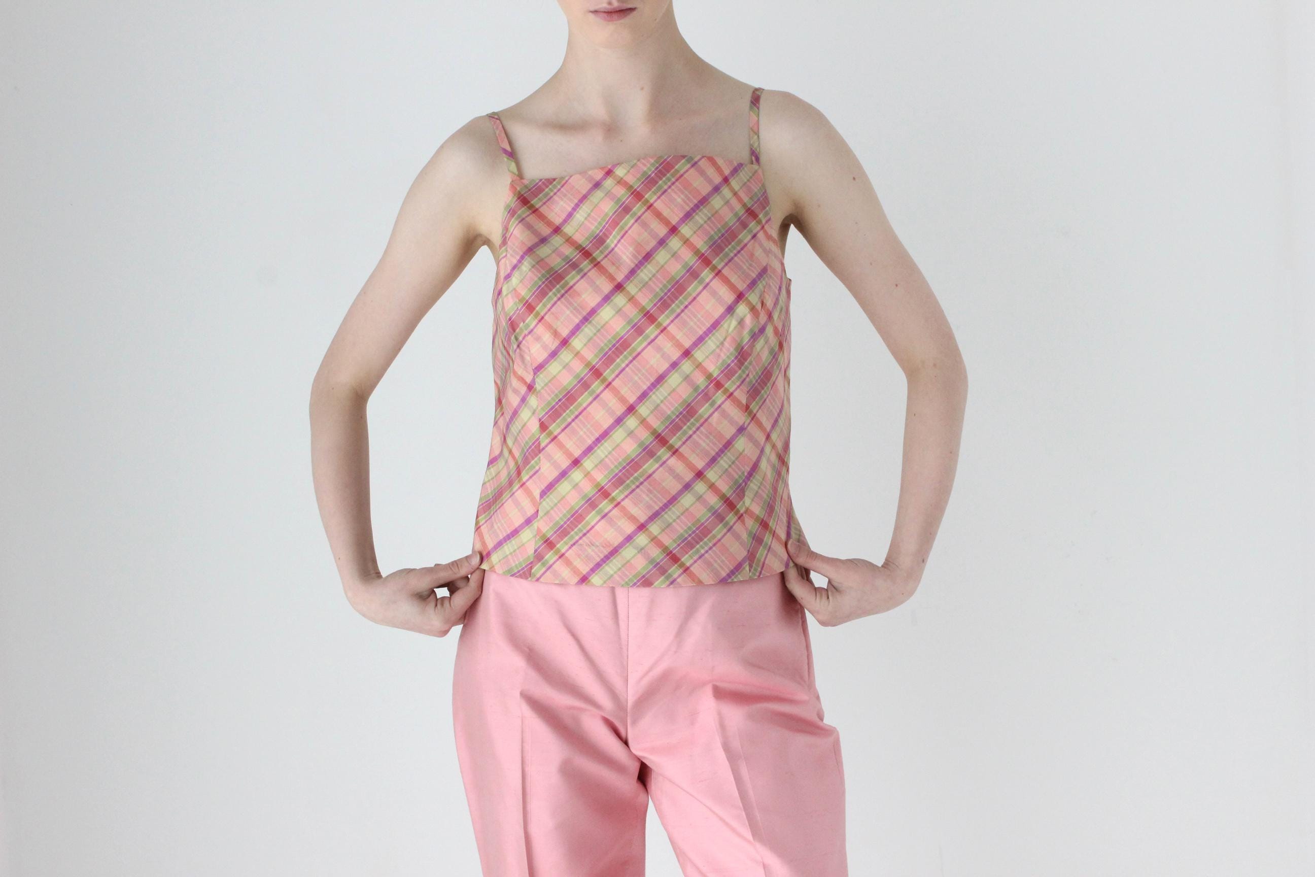 90s Pastel Tartan Silk Taffeta Two Piece Top & Pants Set