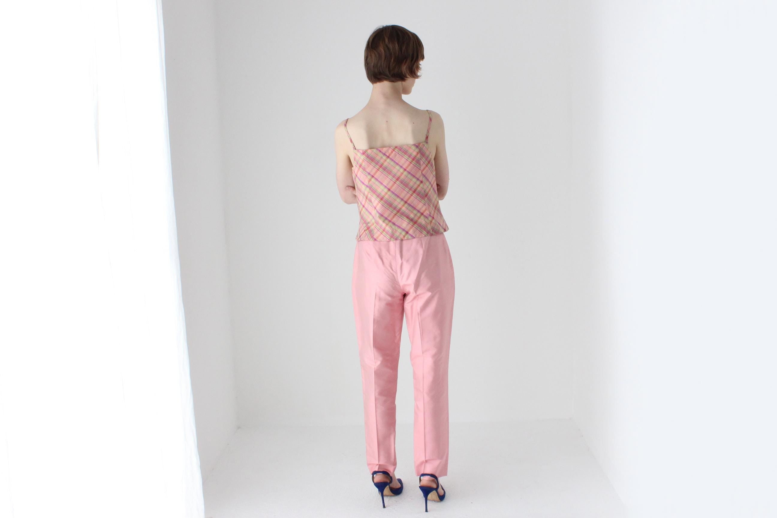 90s Pastel Tartan Silk Taffeta Two Piece Top & Pants Set