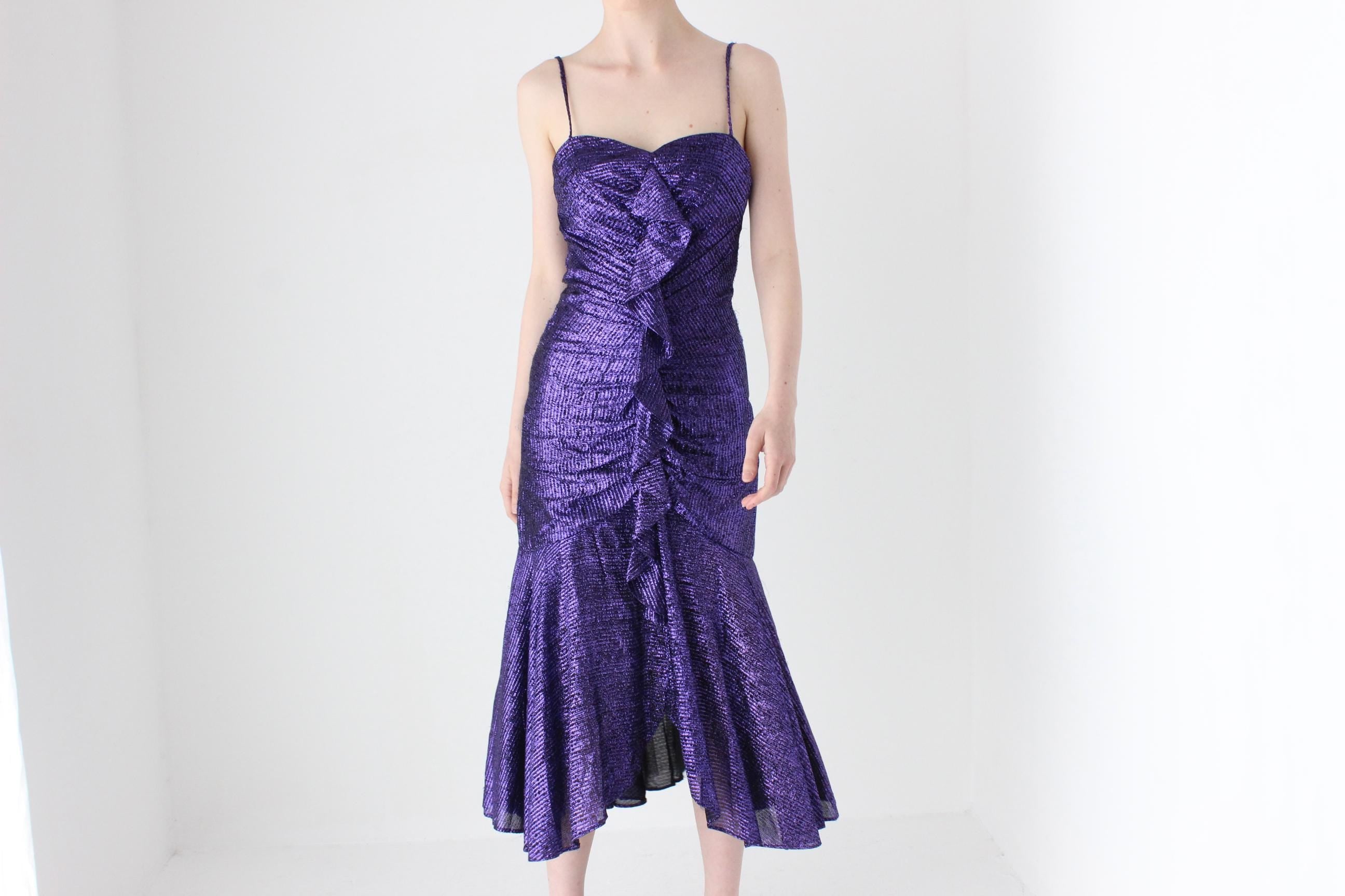 Stunning 80s Metallic Glitter Lurex Ruched Front Disco Dress