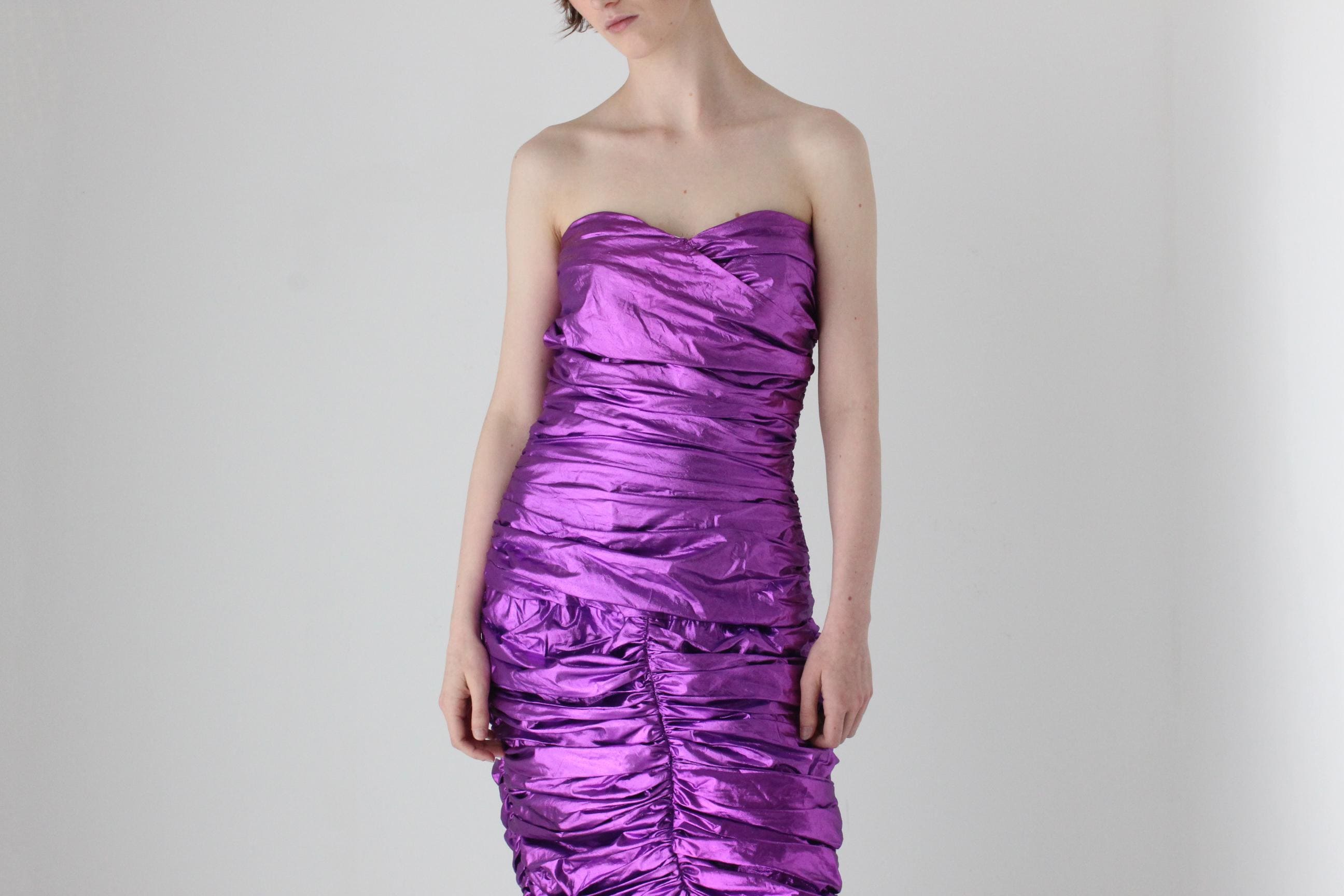 Outrageous 80s Metallic Purple Lamé Foil Strapless Party Dress