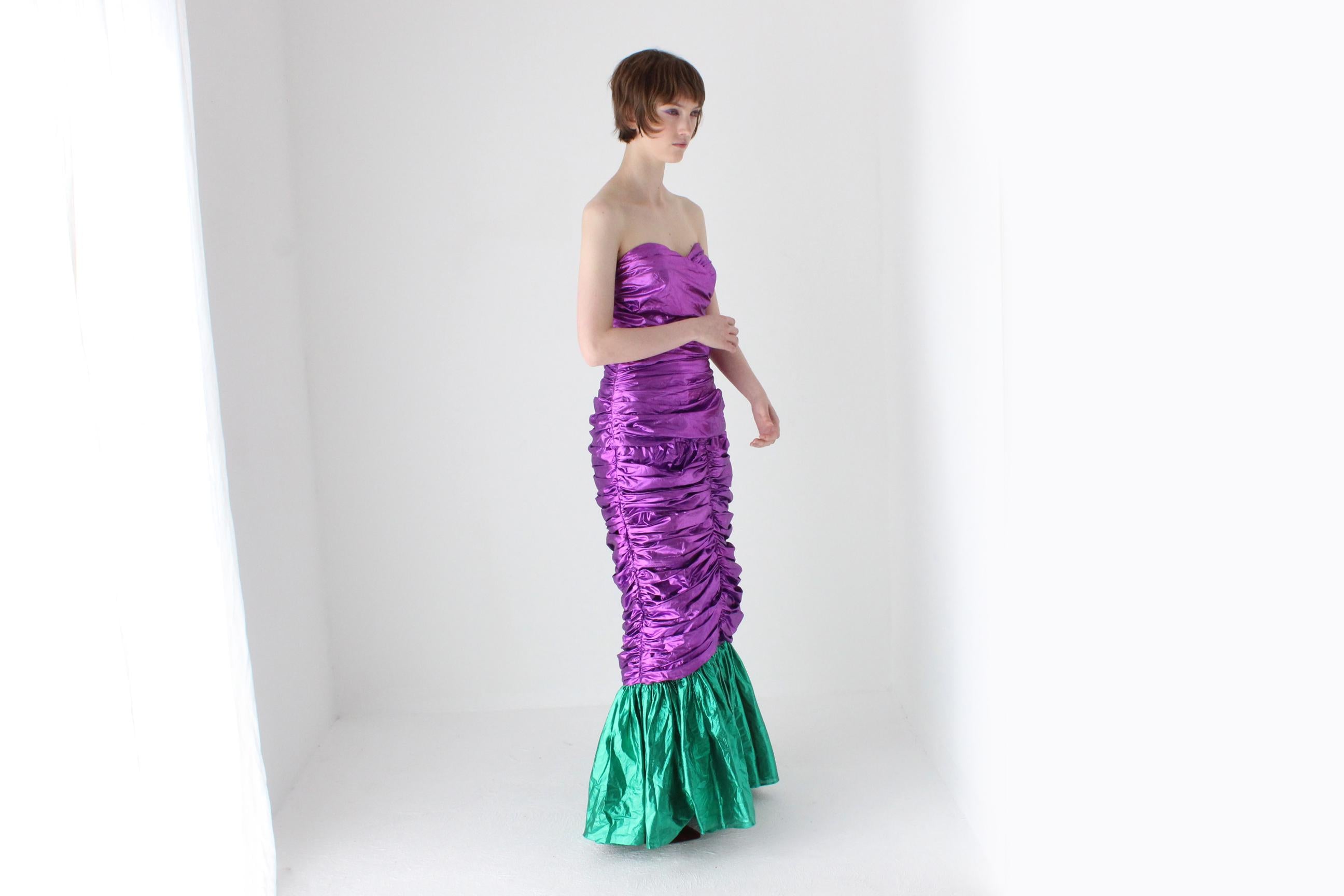 Outrageous 80s Metallic Purple Lamé Foil Strapless Party Dress