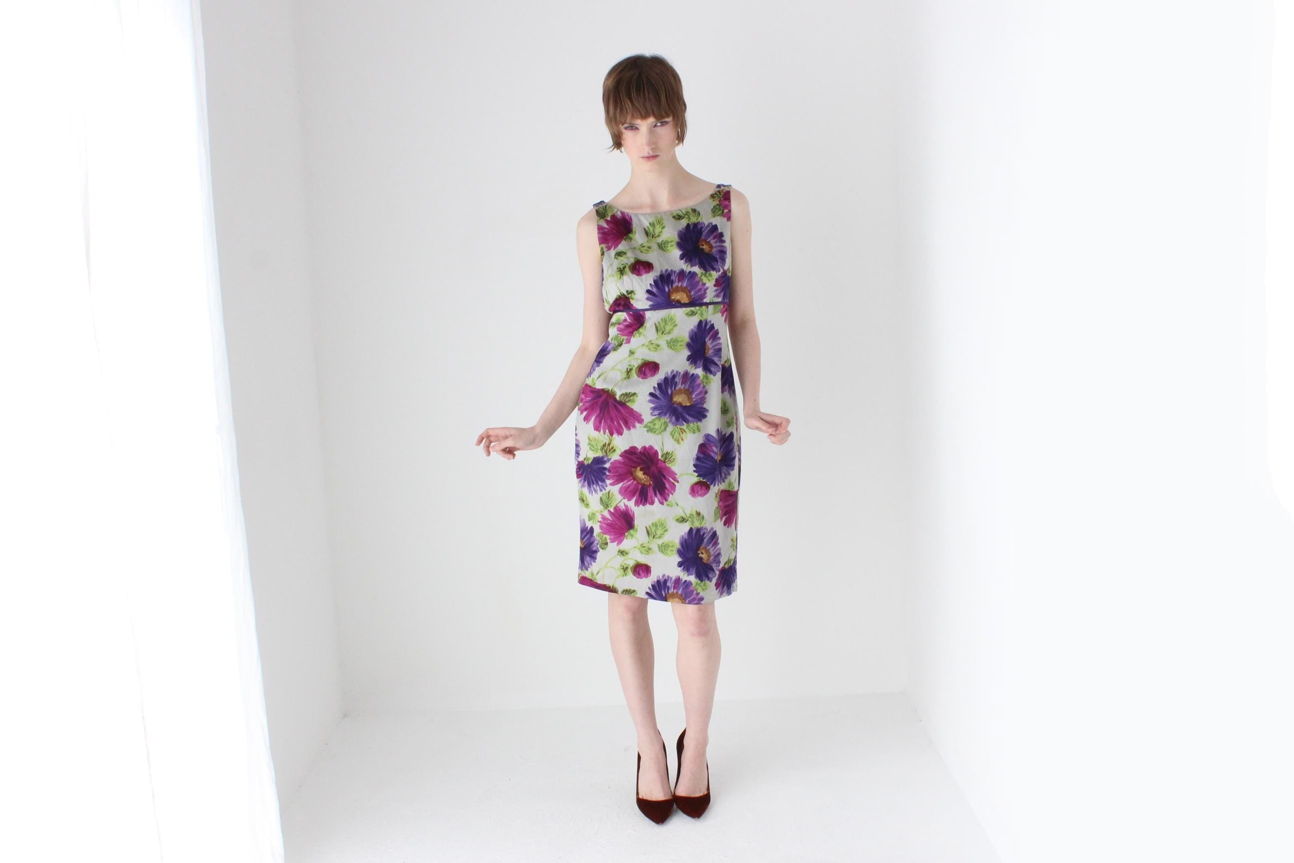 2000s Cotton / Silk Floral Sheath Cocktail Dress