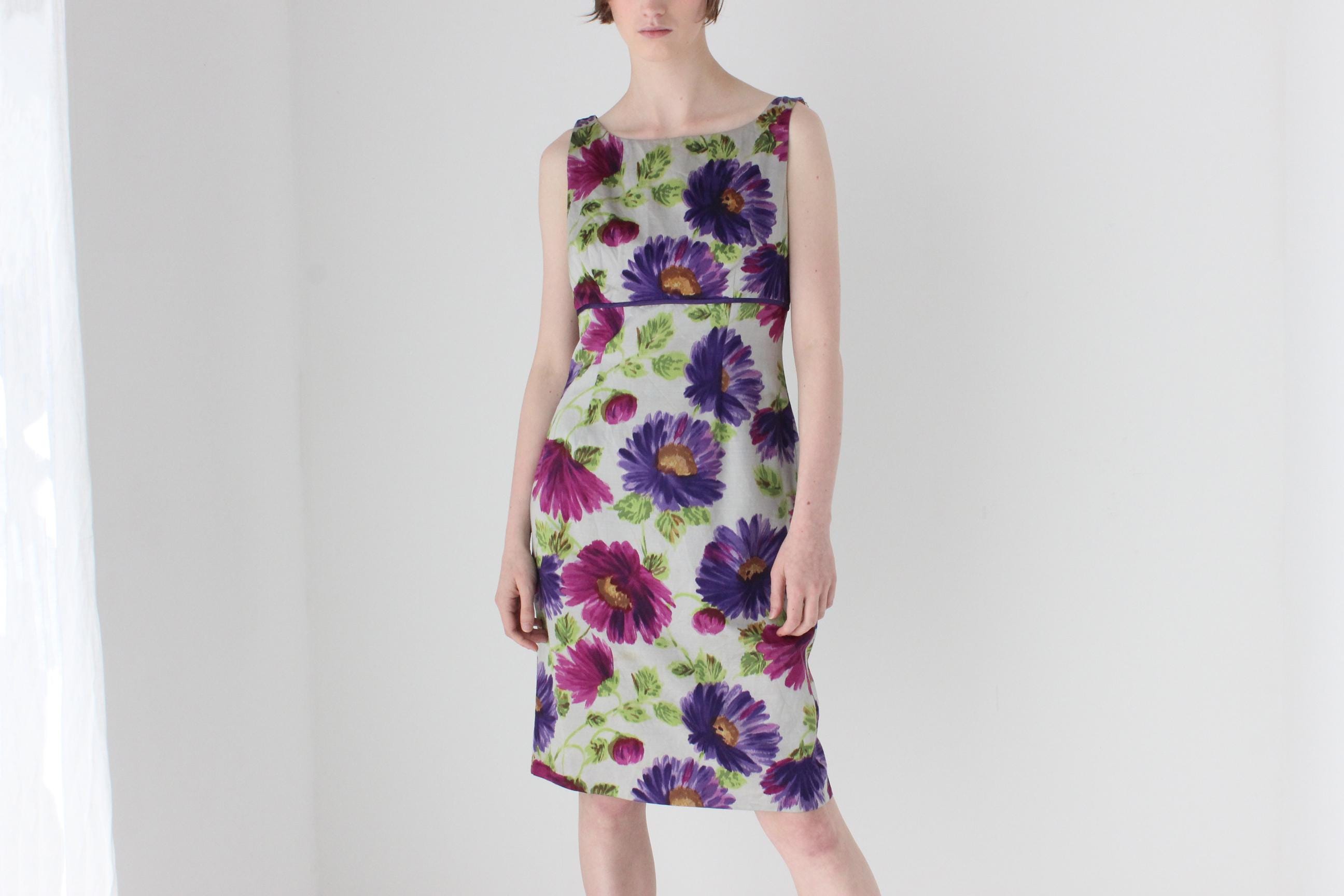 2000s Cotton / Silk Floral Sheath Cocktail Dress