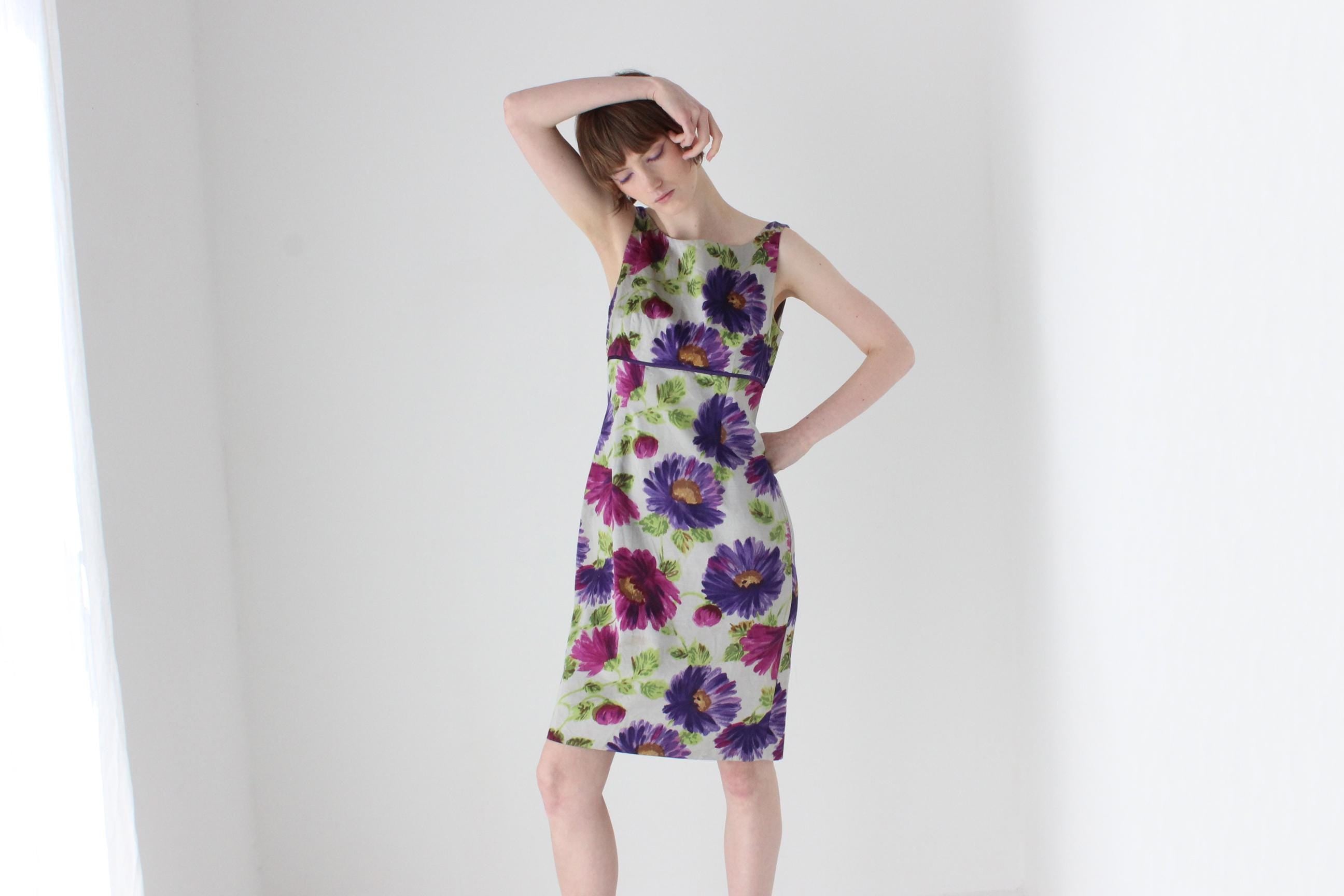 2000s Cotton / Silk Floral Sheath Cocktail Dress